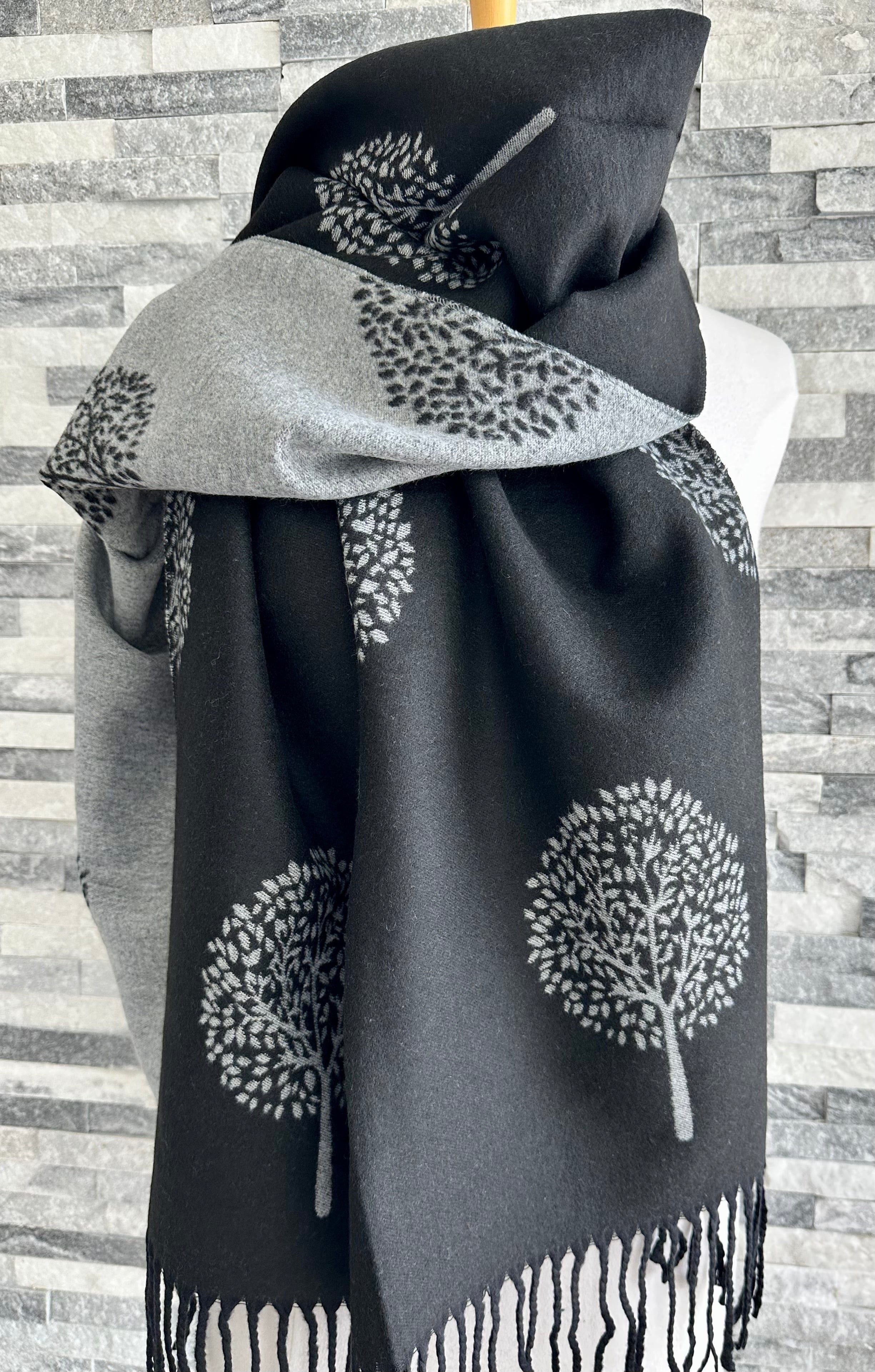 Black and Grey Reversible Mulberry Tree Scarf / Wrap, Cashmere Blend - Image 4