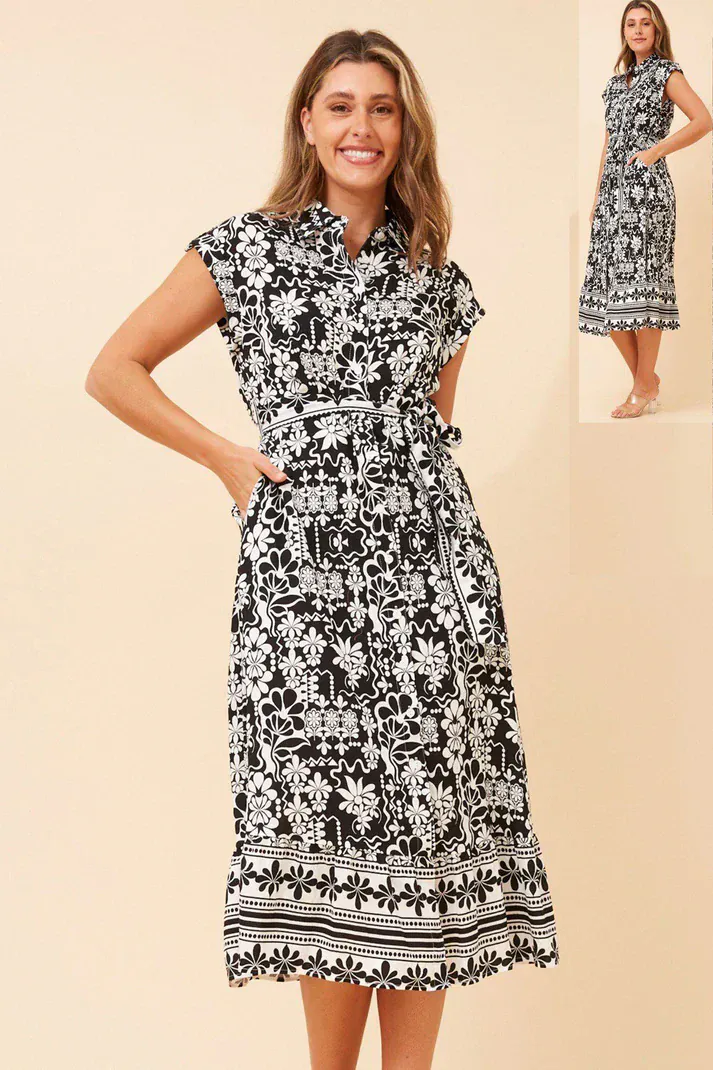 Black & Cream Floral Shirt Midi Dress with Tie Waist - Image 2