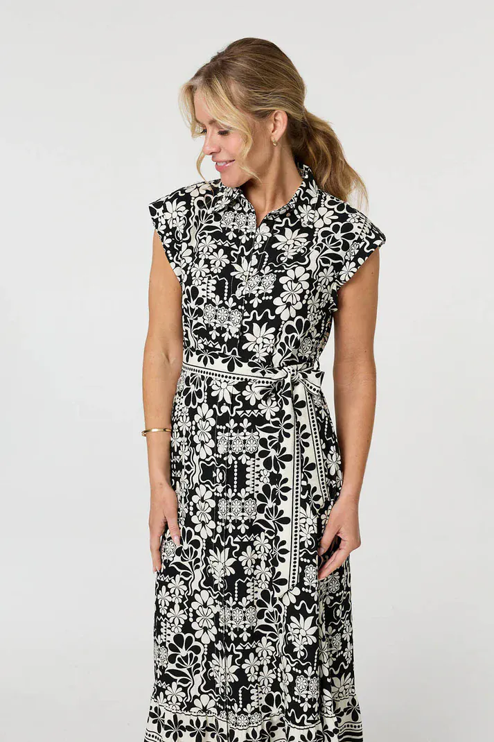 Black & Cream Floral Shirt Midi Dress with Tie Waist - Image 3