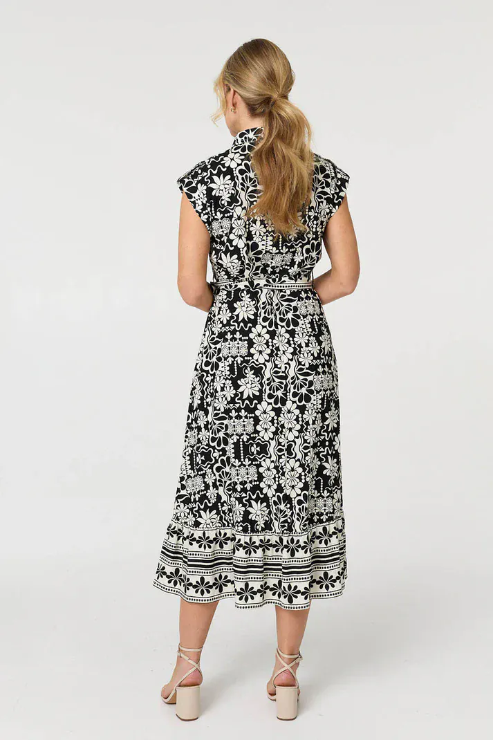 Black & Cream Floral Shirt Midi Dress with Tie Waist - Image 4