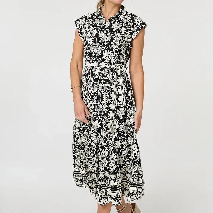 Black & Cream Floral Shirt Midi Dress with Tie Waist - Image 6