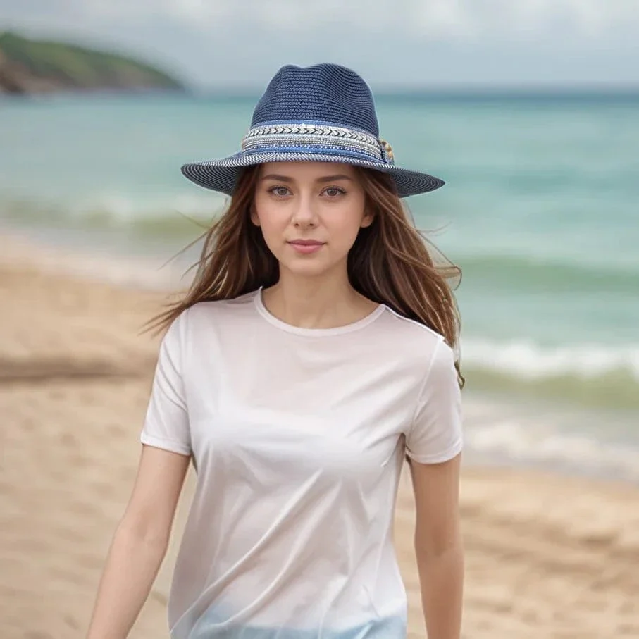 Black Ginger Rollable Jewelled Band Panama Foldable Hat (57cm) - Navy Blue - Image 2