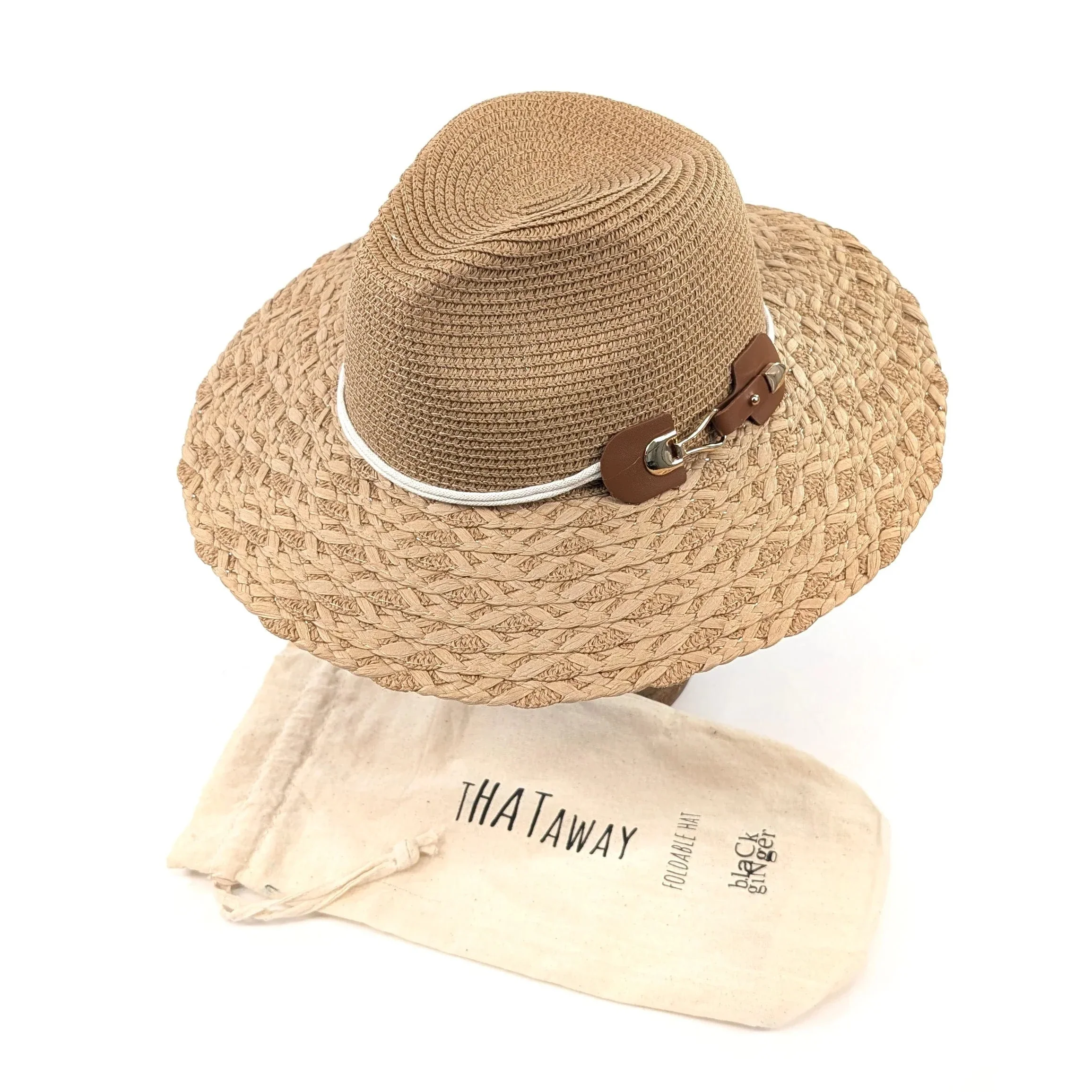 Black Ginger Rollable, Packable Plaited Brim Panama Foldable Hat (57cm) -Dark Natural with a Side Buckle Decoration . - Image 2