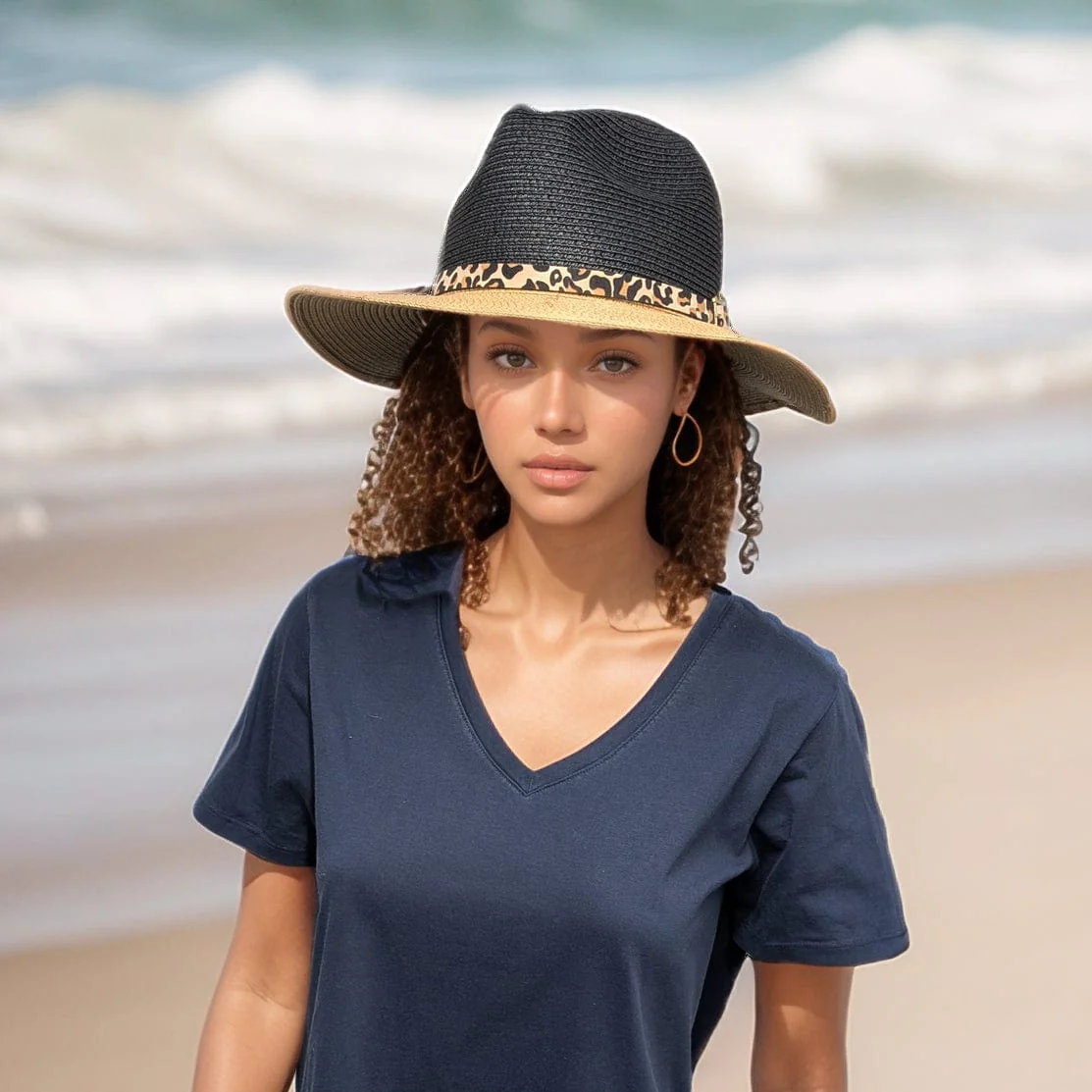 Black Ginger Rollable, Packable Two Tone Panama Foldable Hat (57cm) - Black/Natural with Decorative Slim Belt. - Image 3