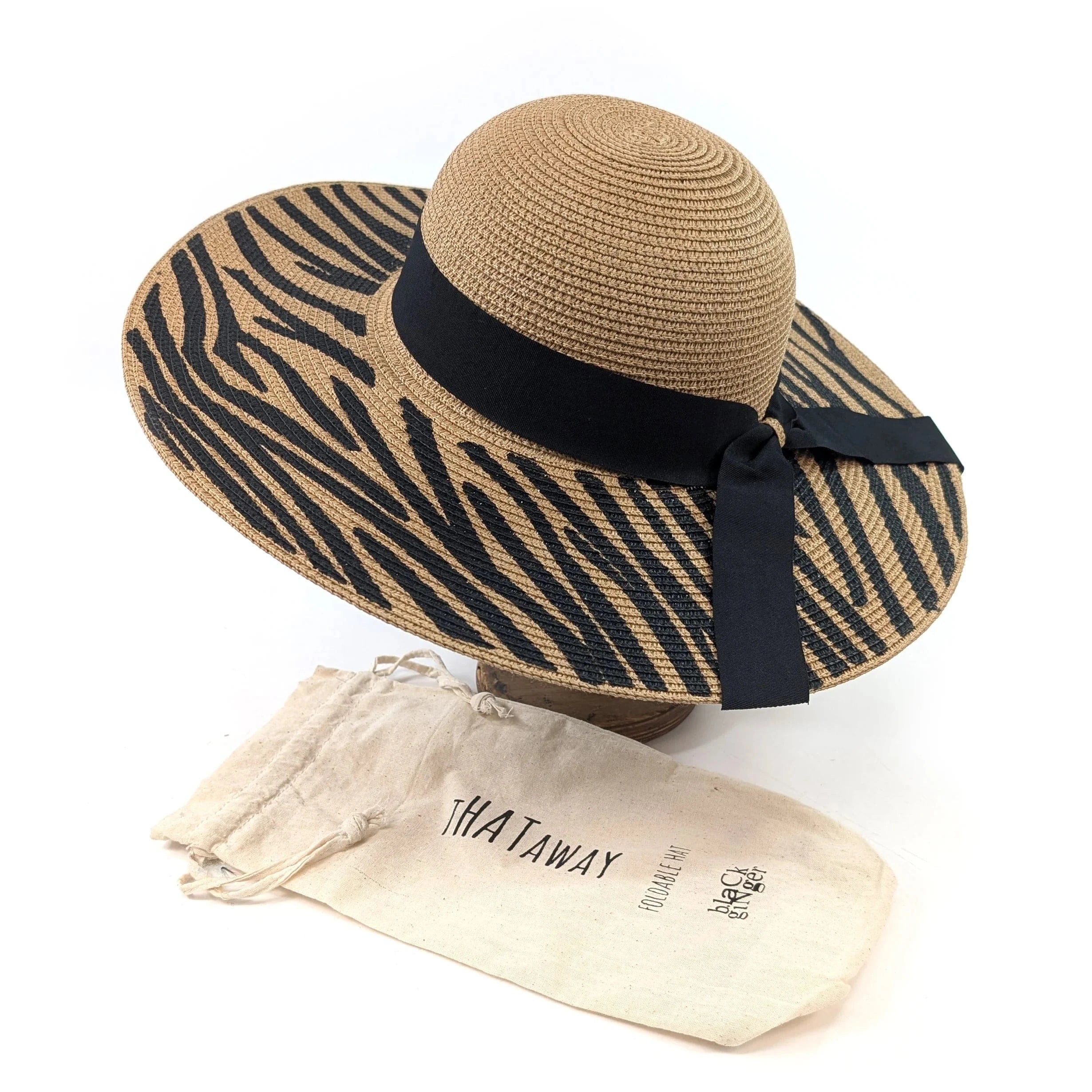 Black Ginger Rollable , Zebra Print Wide Brim Foldable Hat (57cm) - Dark Natural/Black - Image 4