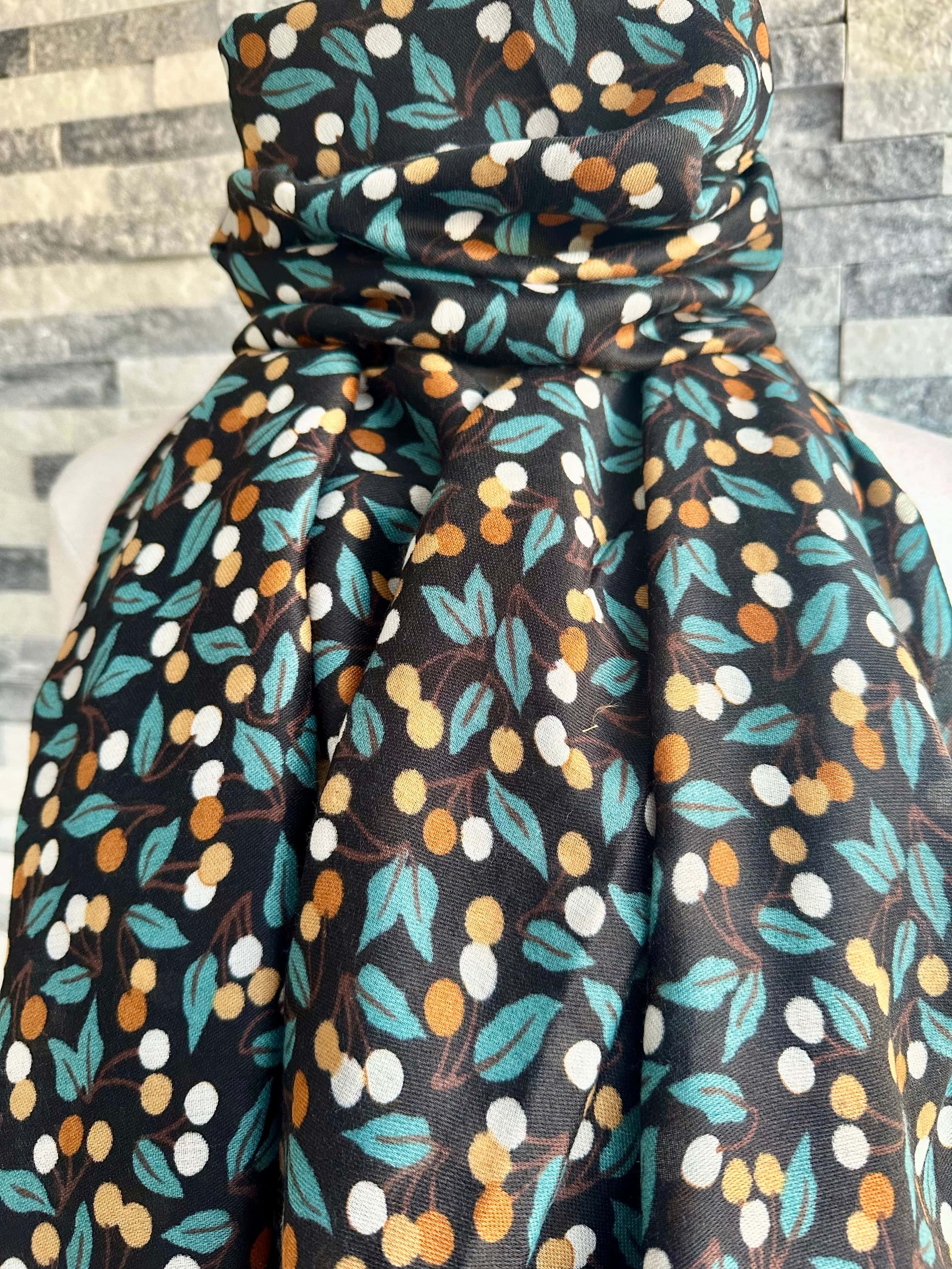 Black, Green and Tan Little Berries and Leaves Ladies Scarf - Image 5