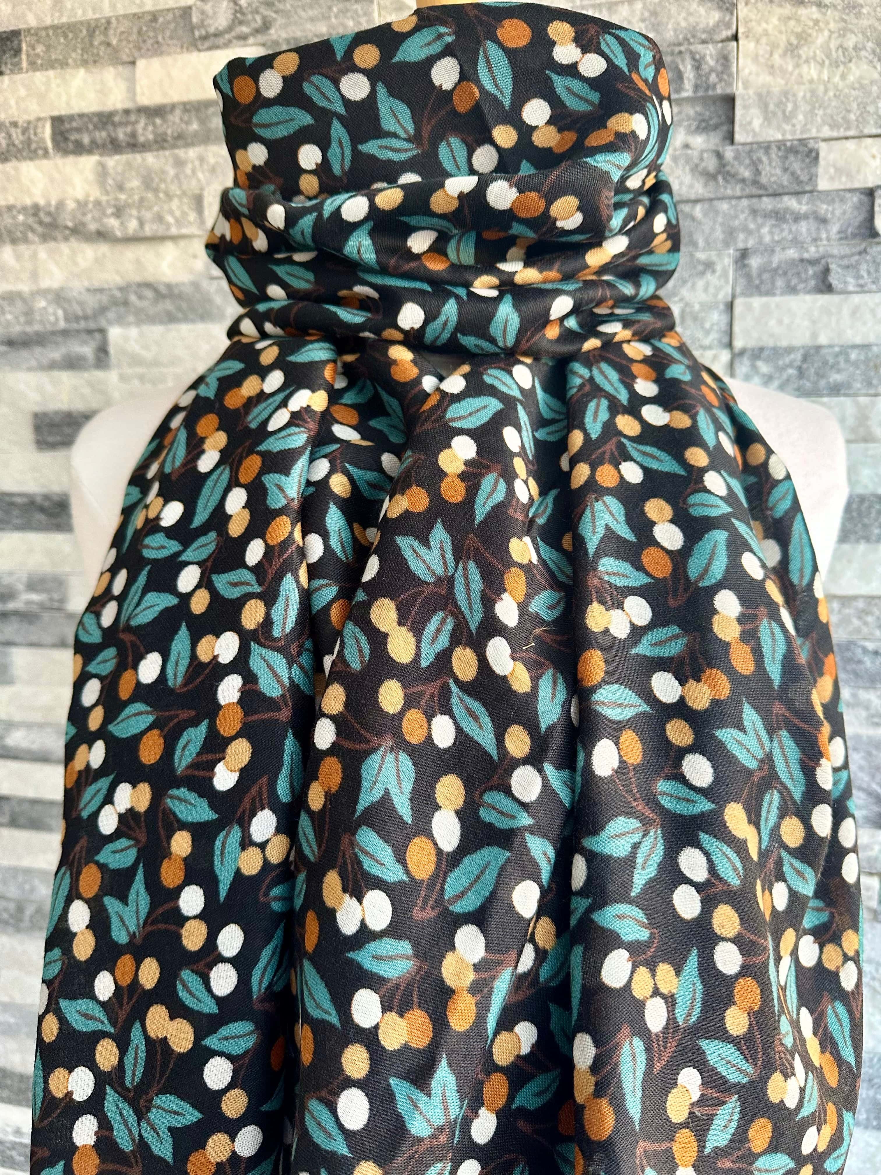 Black, Green and Tan Little Berries and Leaves Ladies Scarf - Image 7