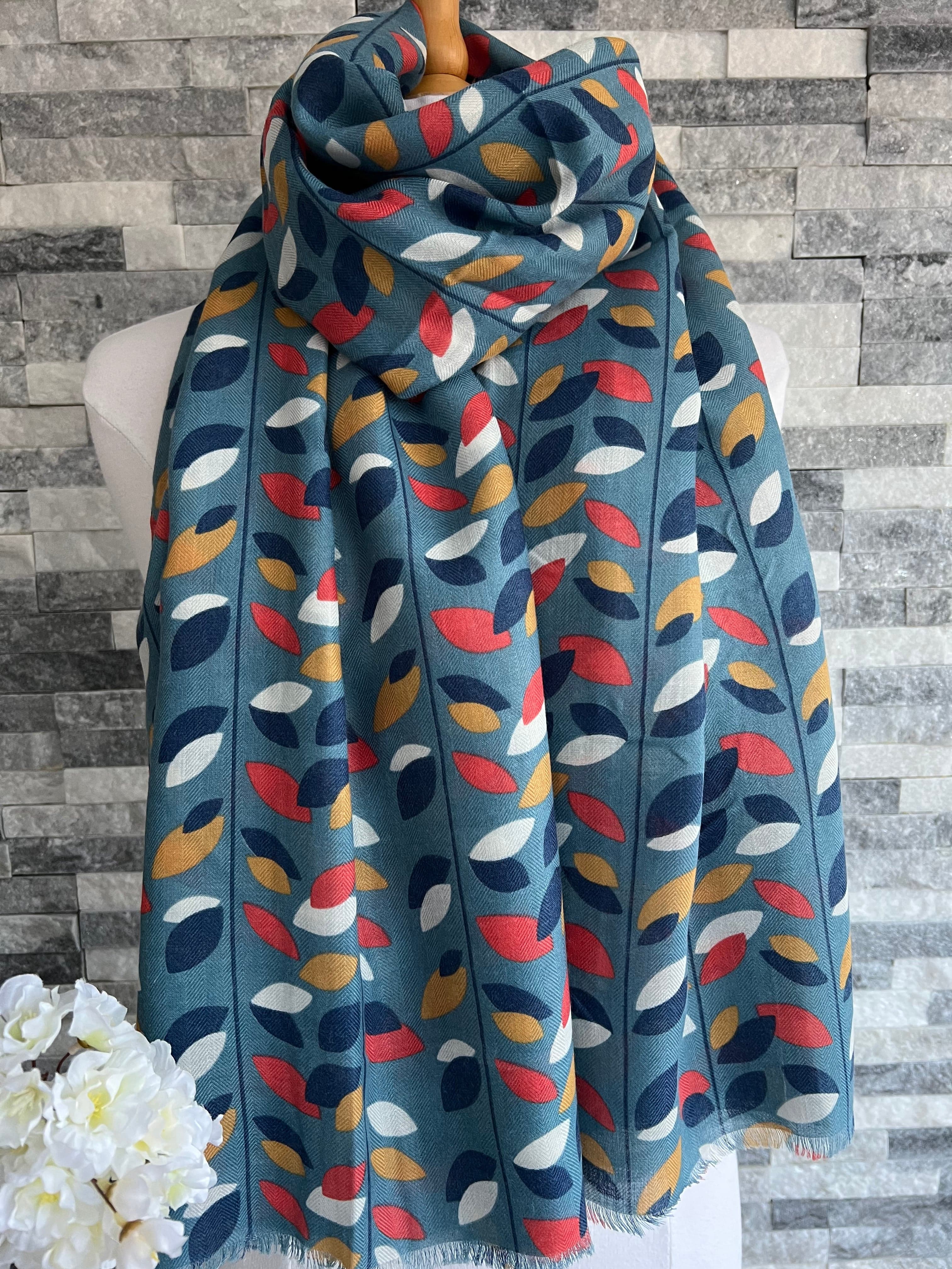 Blue Multi Coloured Leaves Scarf - Image 3