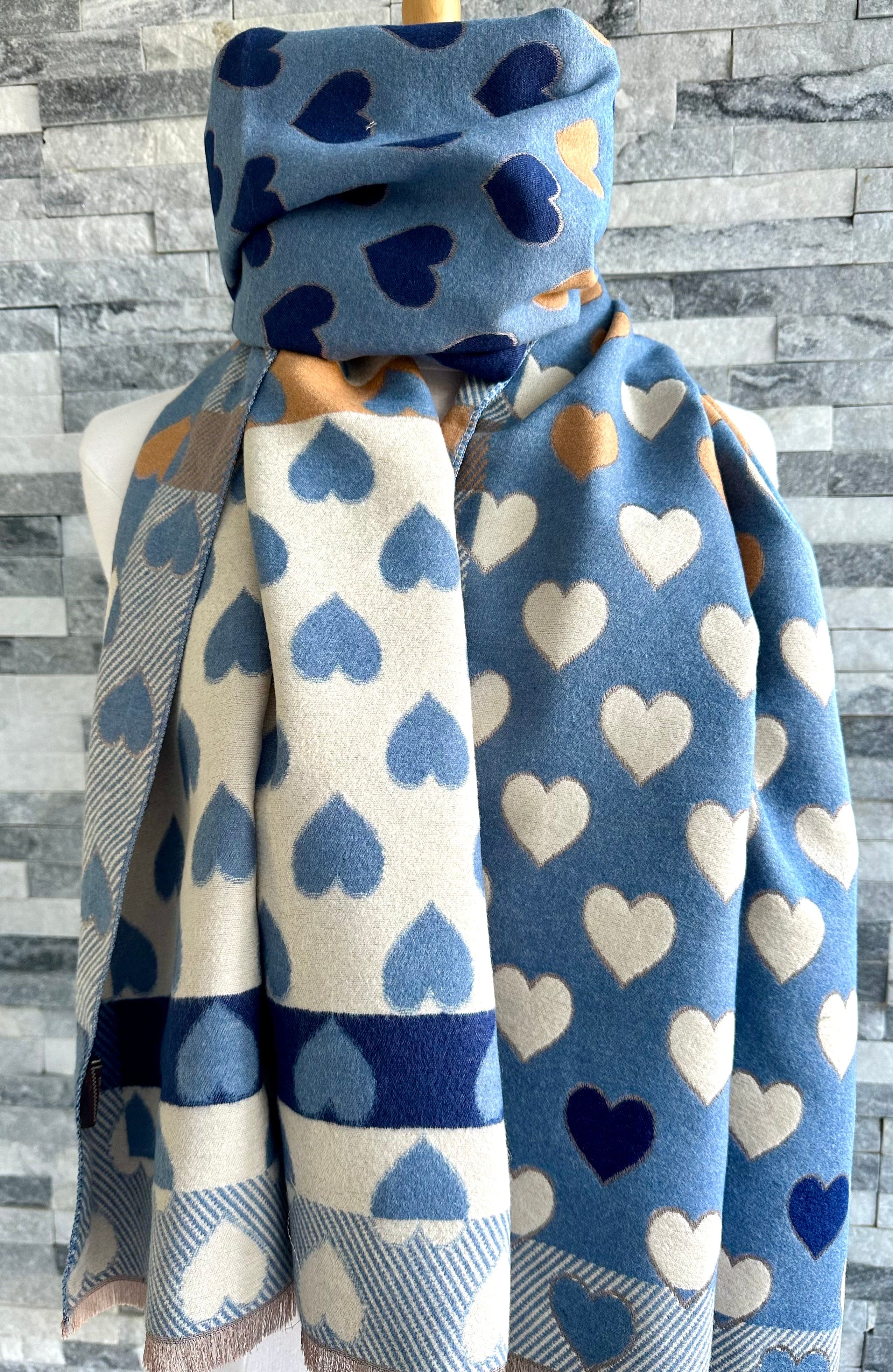 Blue , Tan and Cream Hearts Design Scarf / Wrap - Image 4