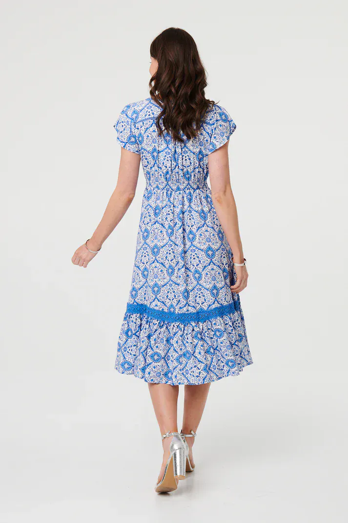 Blue & White Printed Button Front Midi Dress with Pockets - Image 3