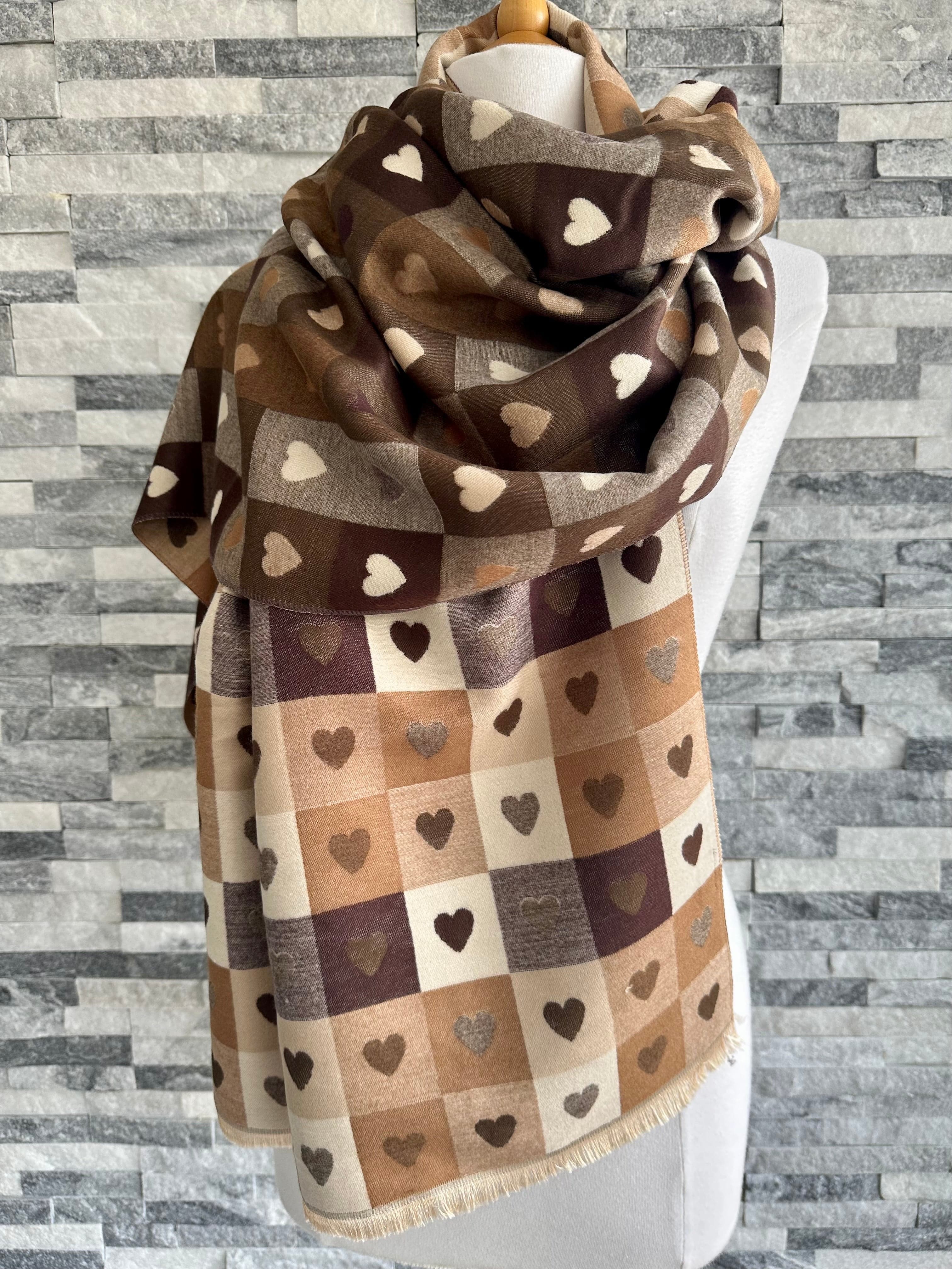 Brown and Tan Reversible Hearts and Checks Design Scarf . - Image 3