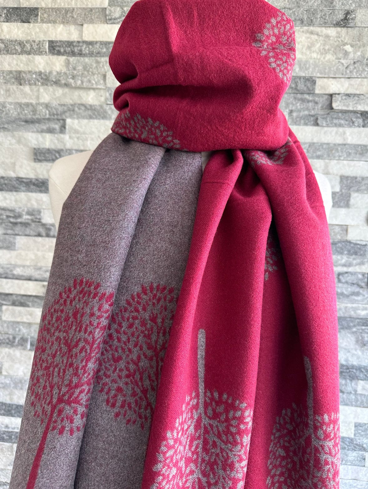 Burgundy and Grey Reversible Mulberry Tree Scarf , Wrap , Cashmere Blend - Image 3