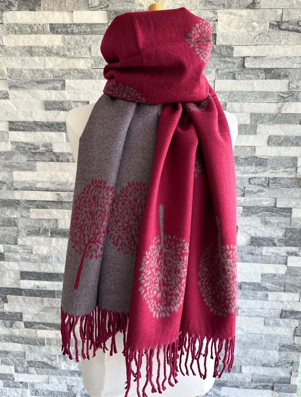 Burgundy and Grey Reversible Mulberry Tree Scarf , Wrap , Cashmere Blend - Image 4