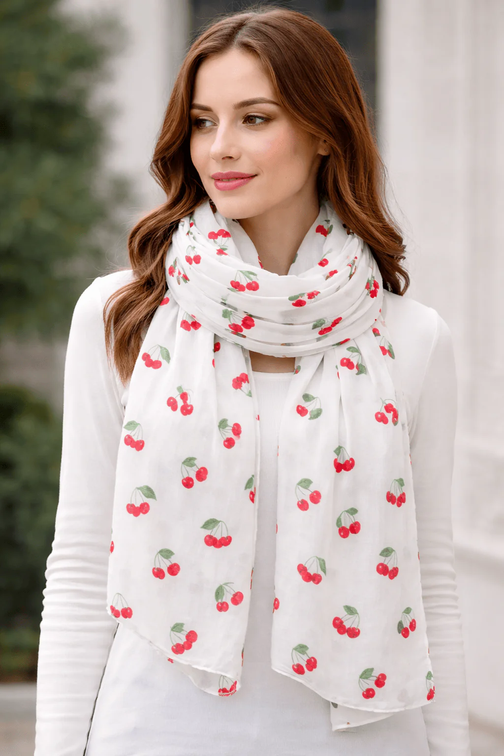 Cherry Print Soft Polyester Scarf in White and Red
