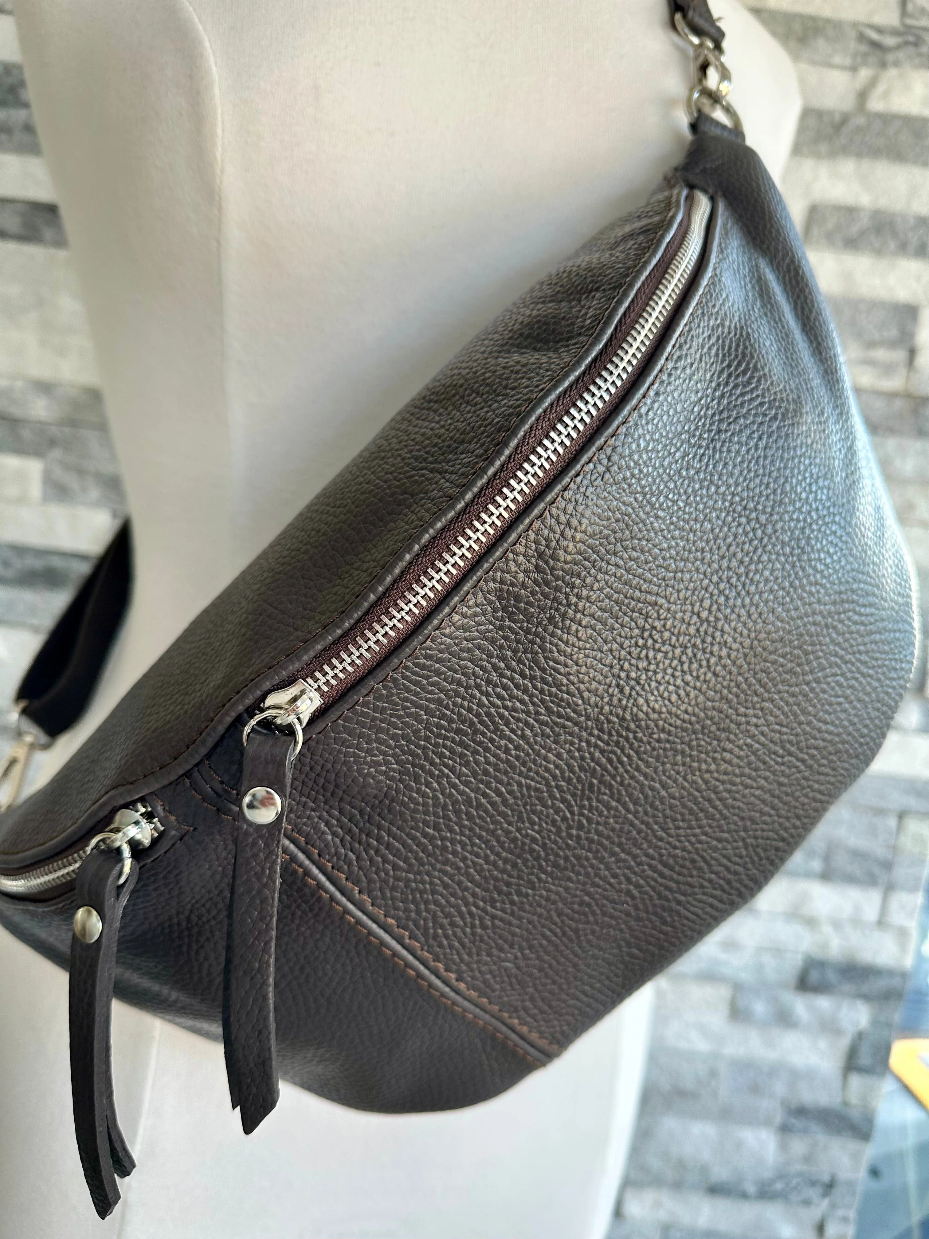Chocolate Brown Italian Leather Sling Bag / Chest Bag - Image 3