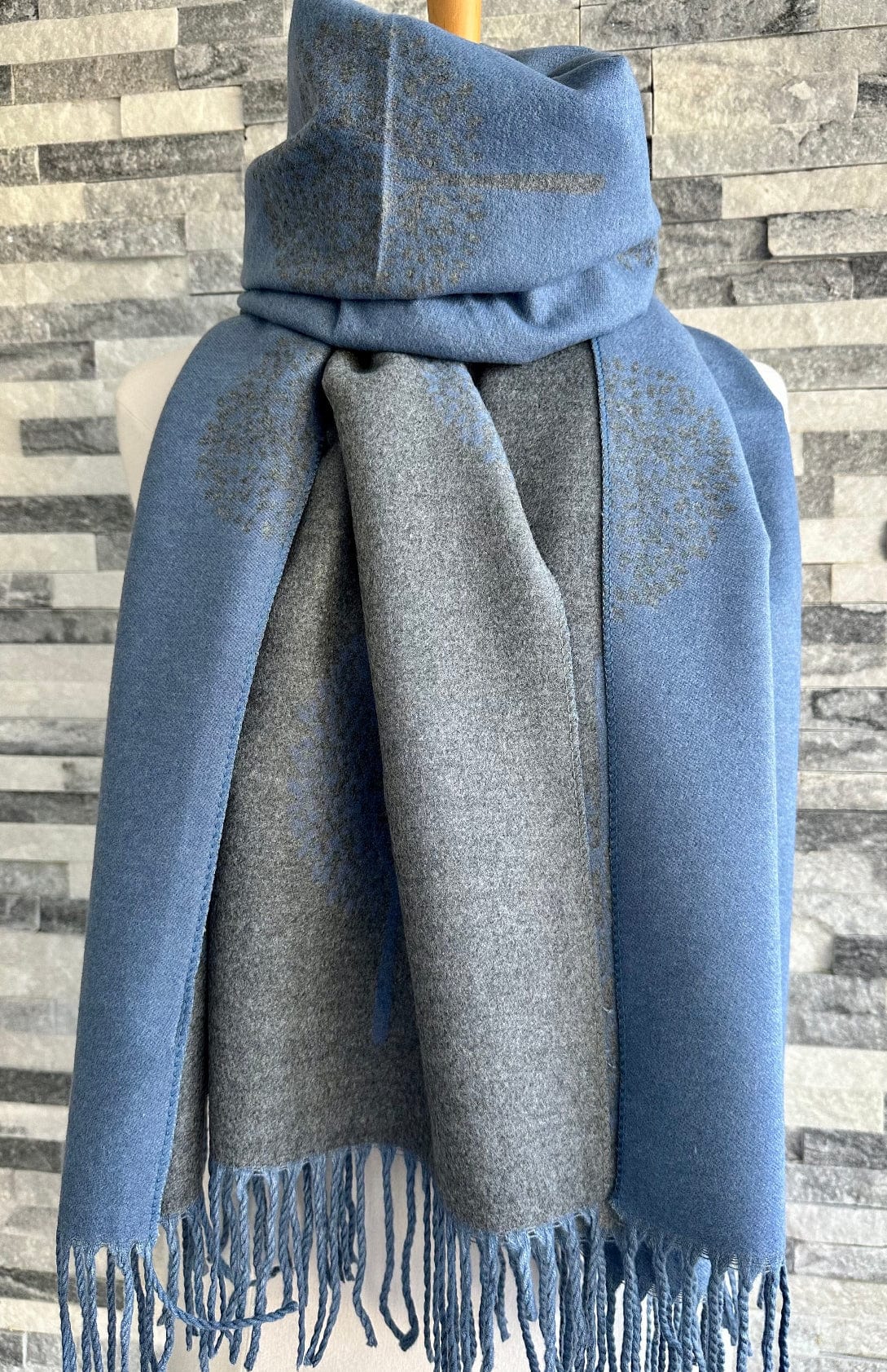 Denim Blue and Grey Reversible Mulberry Tree Scarf , Wrap , Cashmere Blend - Image 4