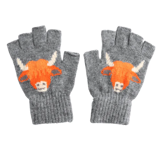 Fingerless Wool Blend Gloves with a Highland Cow Design. - Image 2