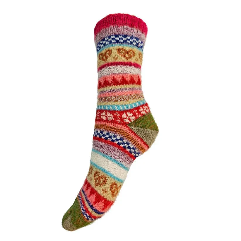 Gemjar Formally Joya, Women's Multi coloured, dark red cuff, Scandi patterned socks