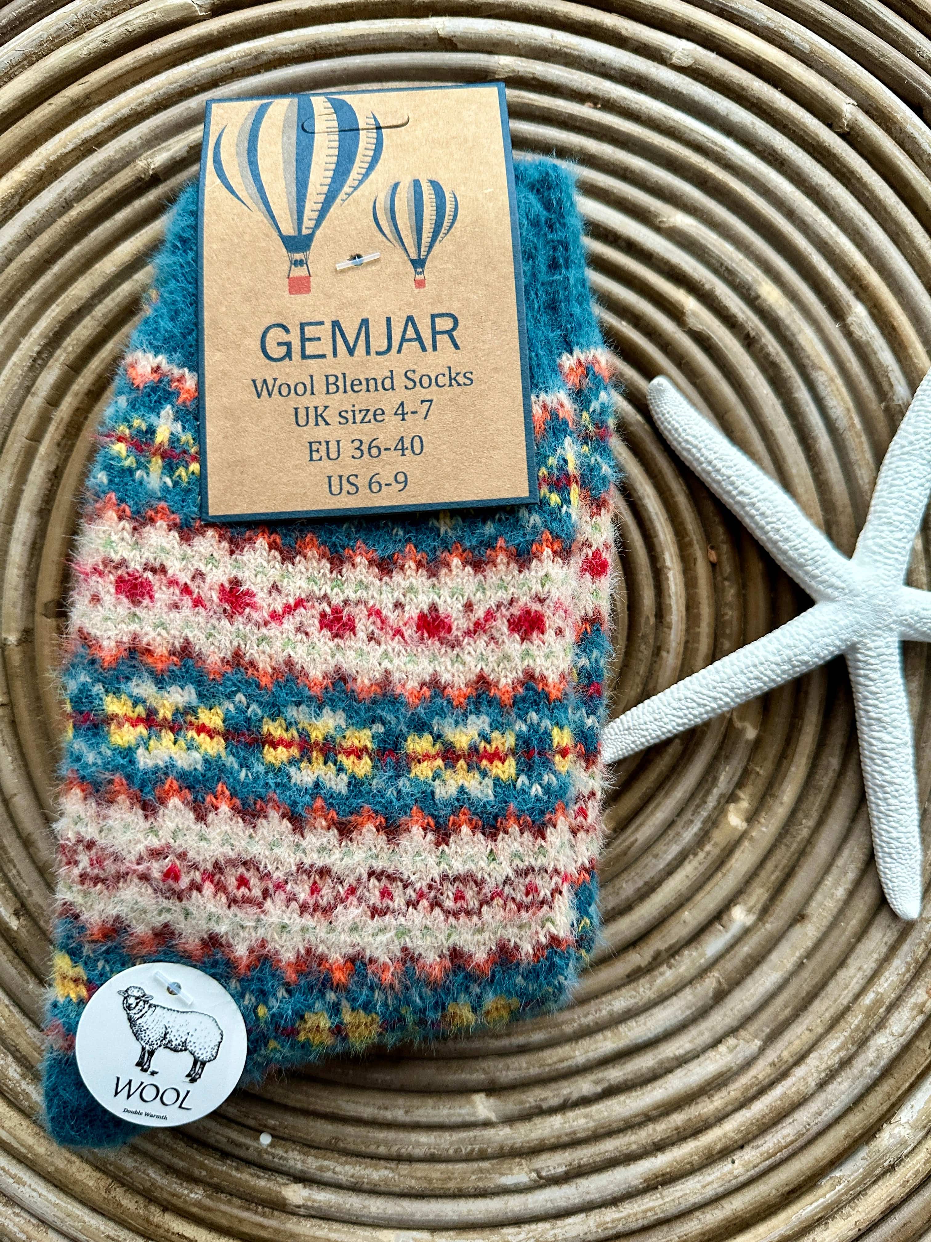 Gemjar Formally Joya, Women's Teal, fawn and yellow Scandi patterned soft Wool Blend socks - Image 3