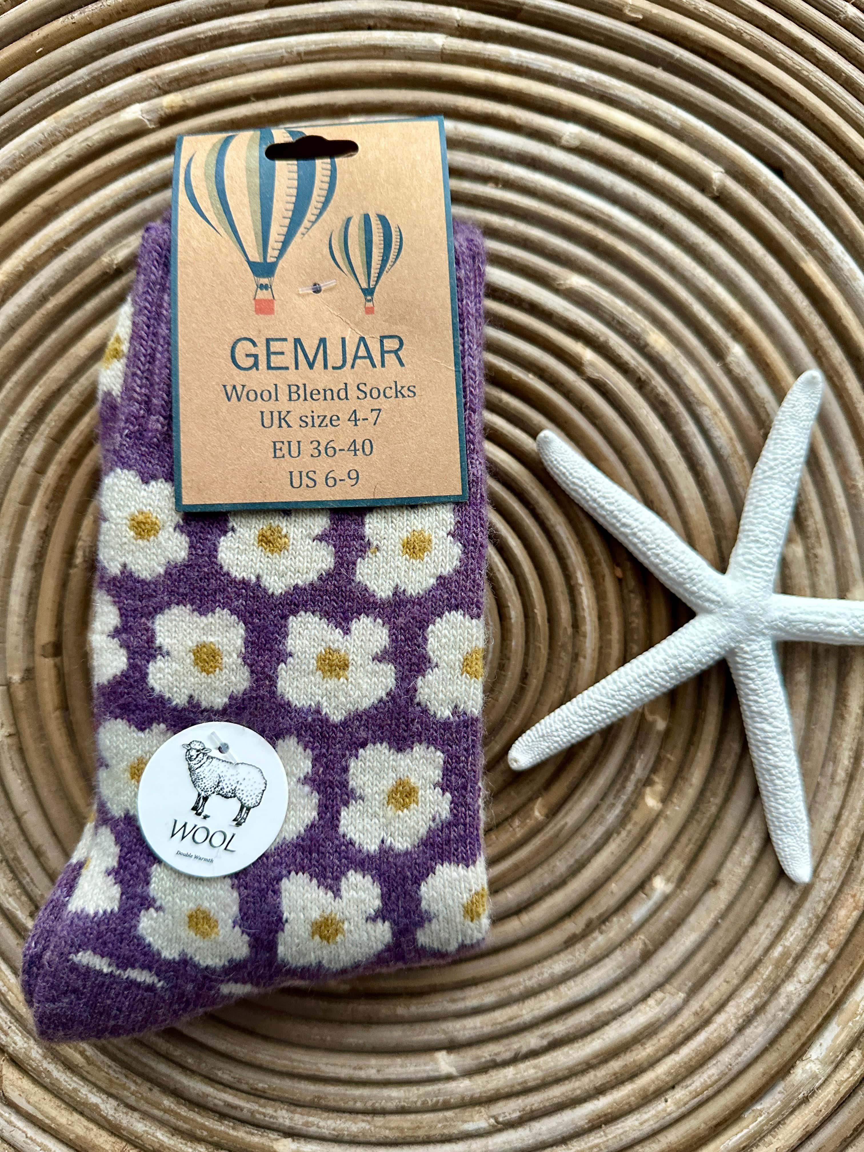Gemjar Formally Joya, Women's Thick purple wool blend socks with ribbed cuff and Daisies - Image 3