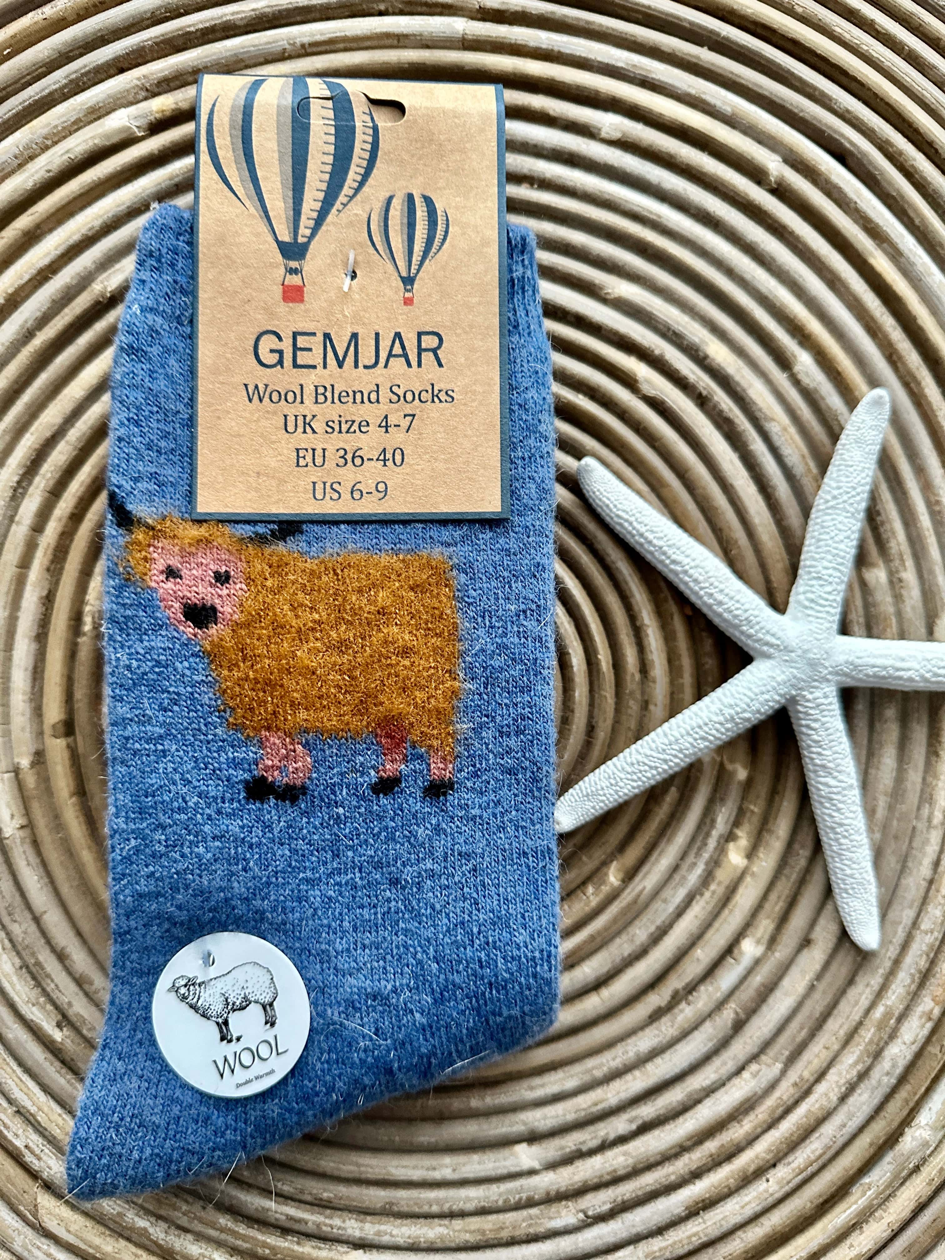 Gemjar Formally Joya, Women's Thick wool blend blue socks with fluffy Highland Cows - Image 3