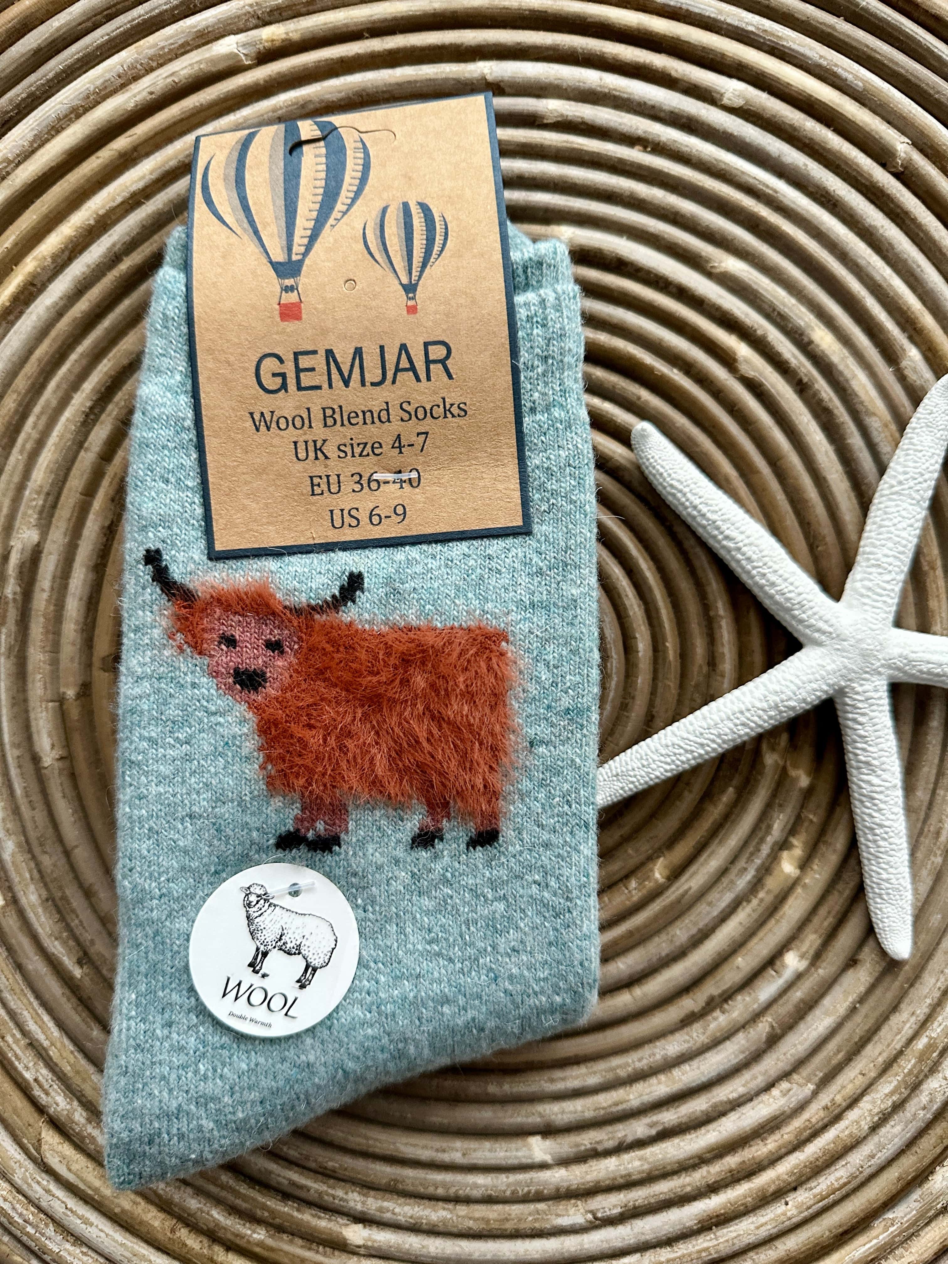 Gemjar Formally Joya, Women's Thick wool blend light blue socks with fluffy Highland Cows - Image 3