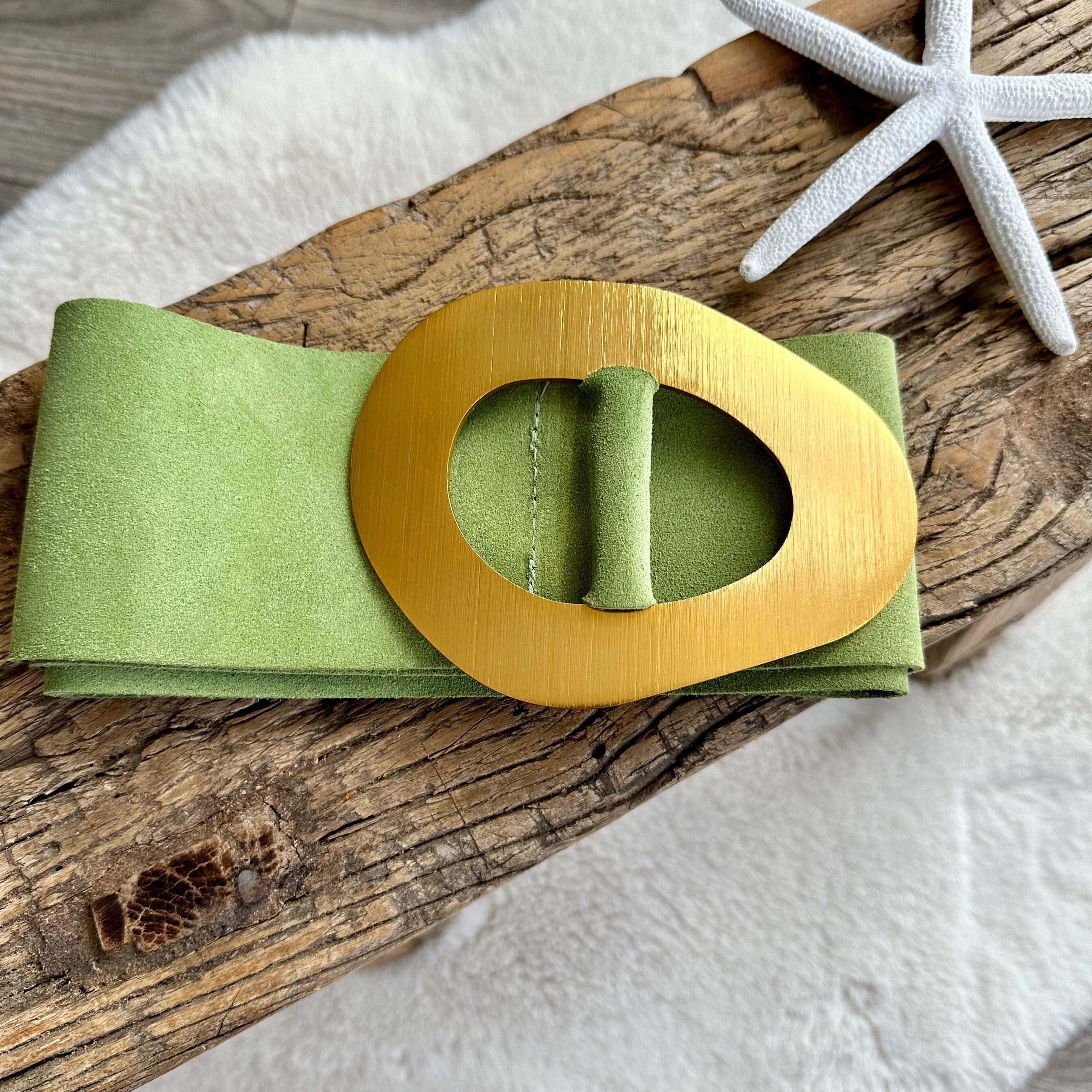 Genuine Italian Suede Leather Wide Belt with Large Brushed Gold Buckle  , Various Colours Available . - Image 19