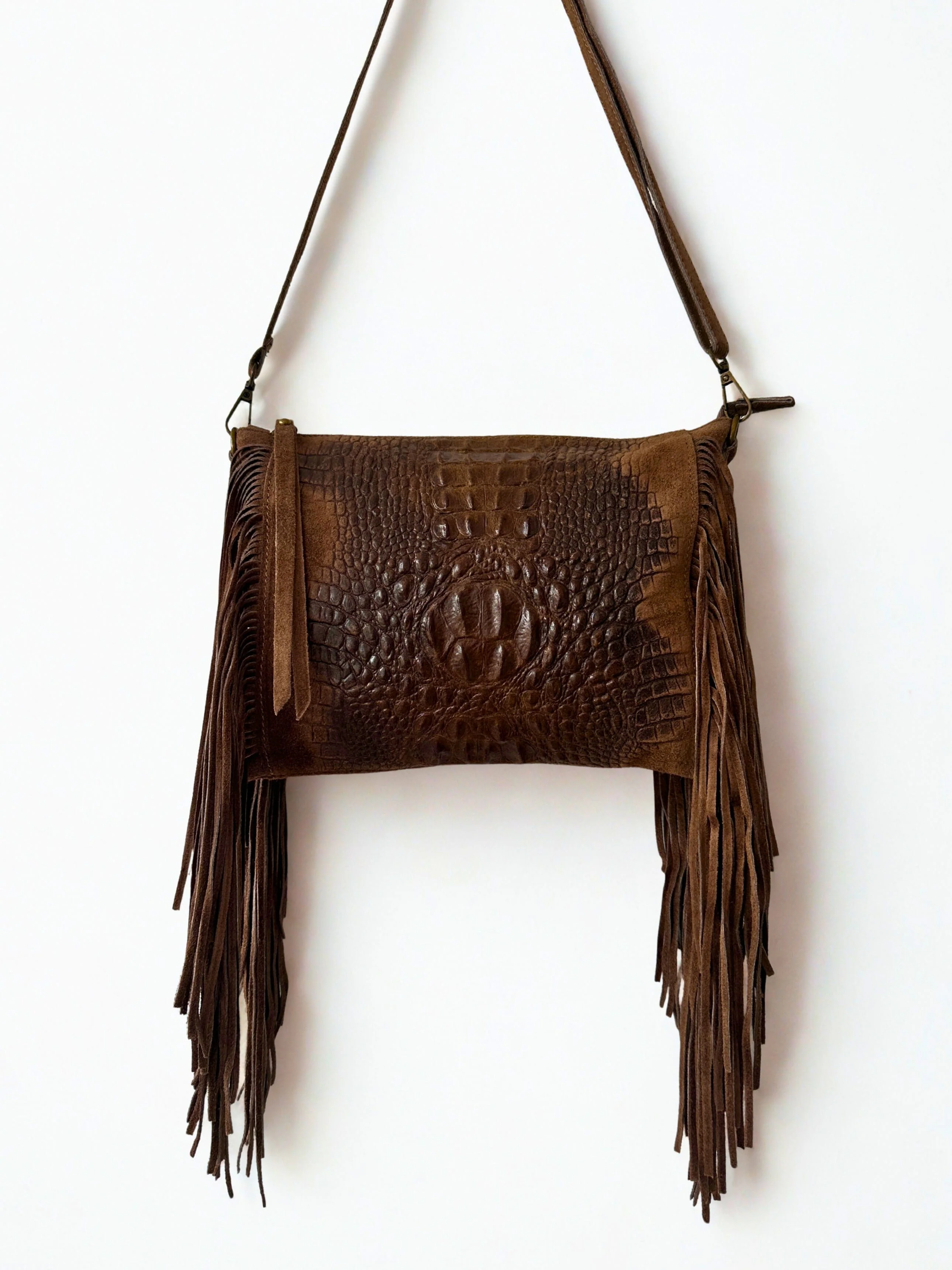 Genuine Suede Leather Shoulder Crossbody Bag with Tassel Fringing . - Image 6