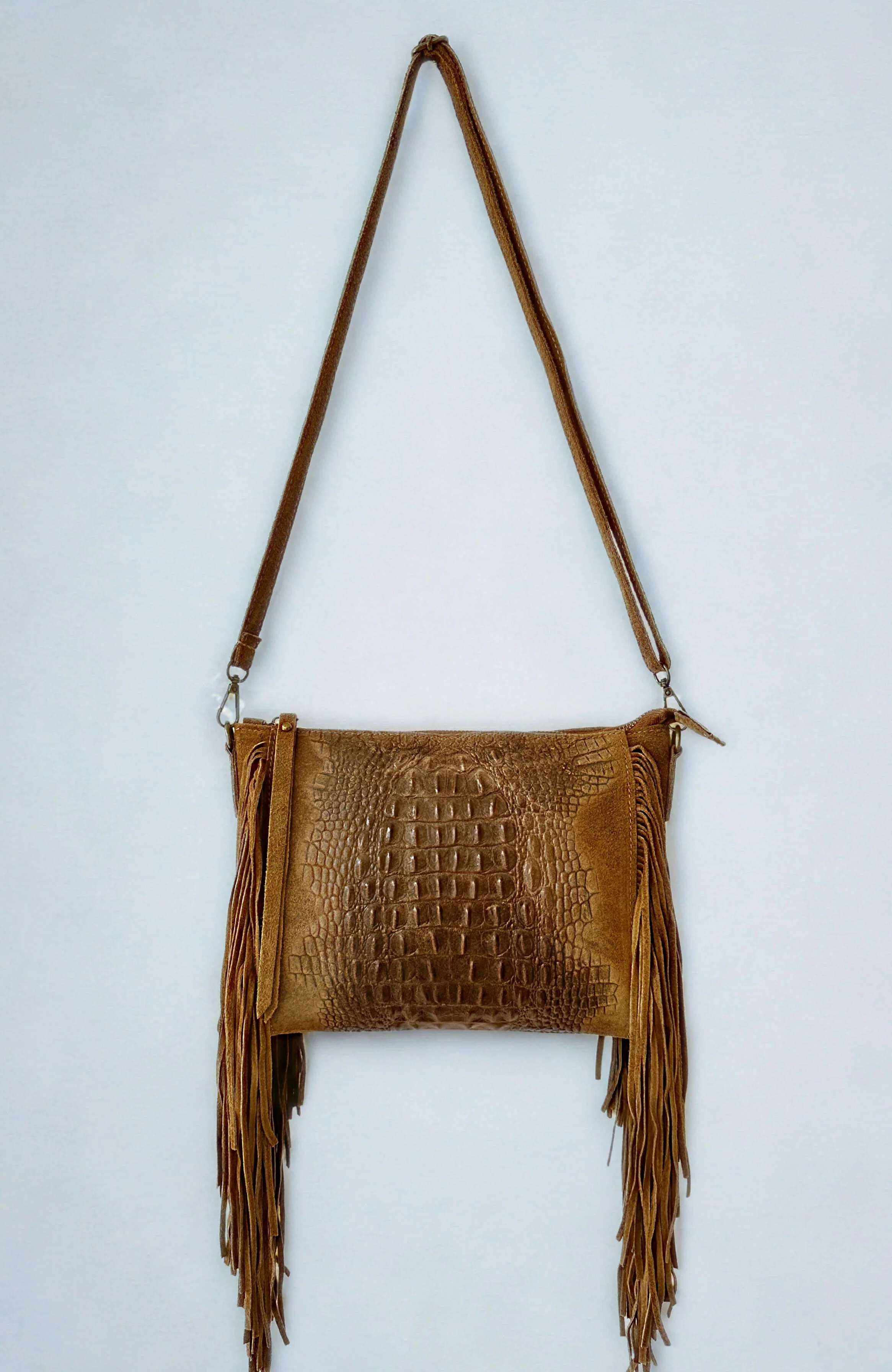 Genuine Suede Leather Shoulder Crossbody Bag with Tassel Fringing . - Image 8