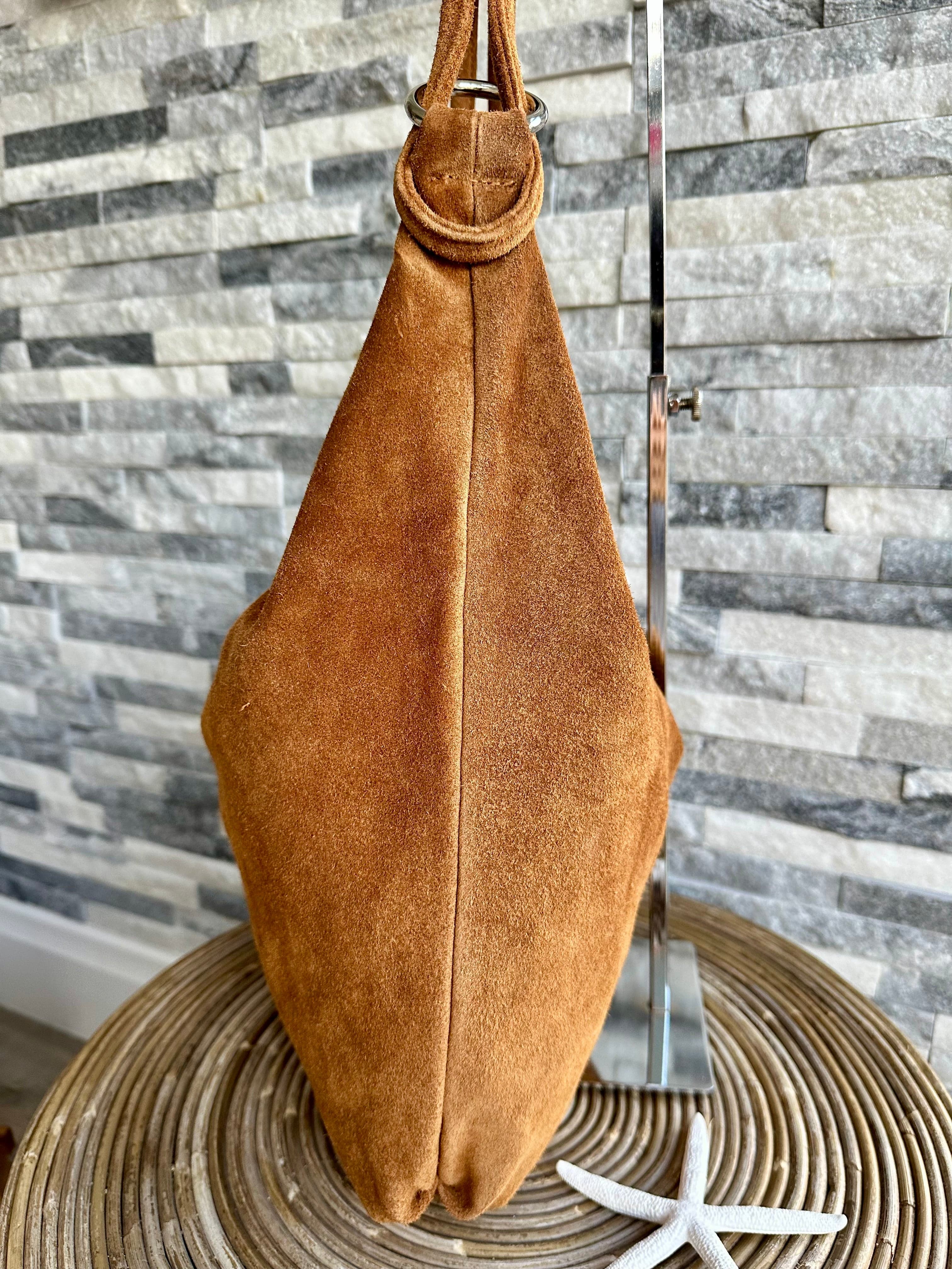 Genuine Suede Leather Slouchy Shoulder Bag. Tan Brown - Image 4