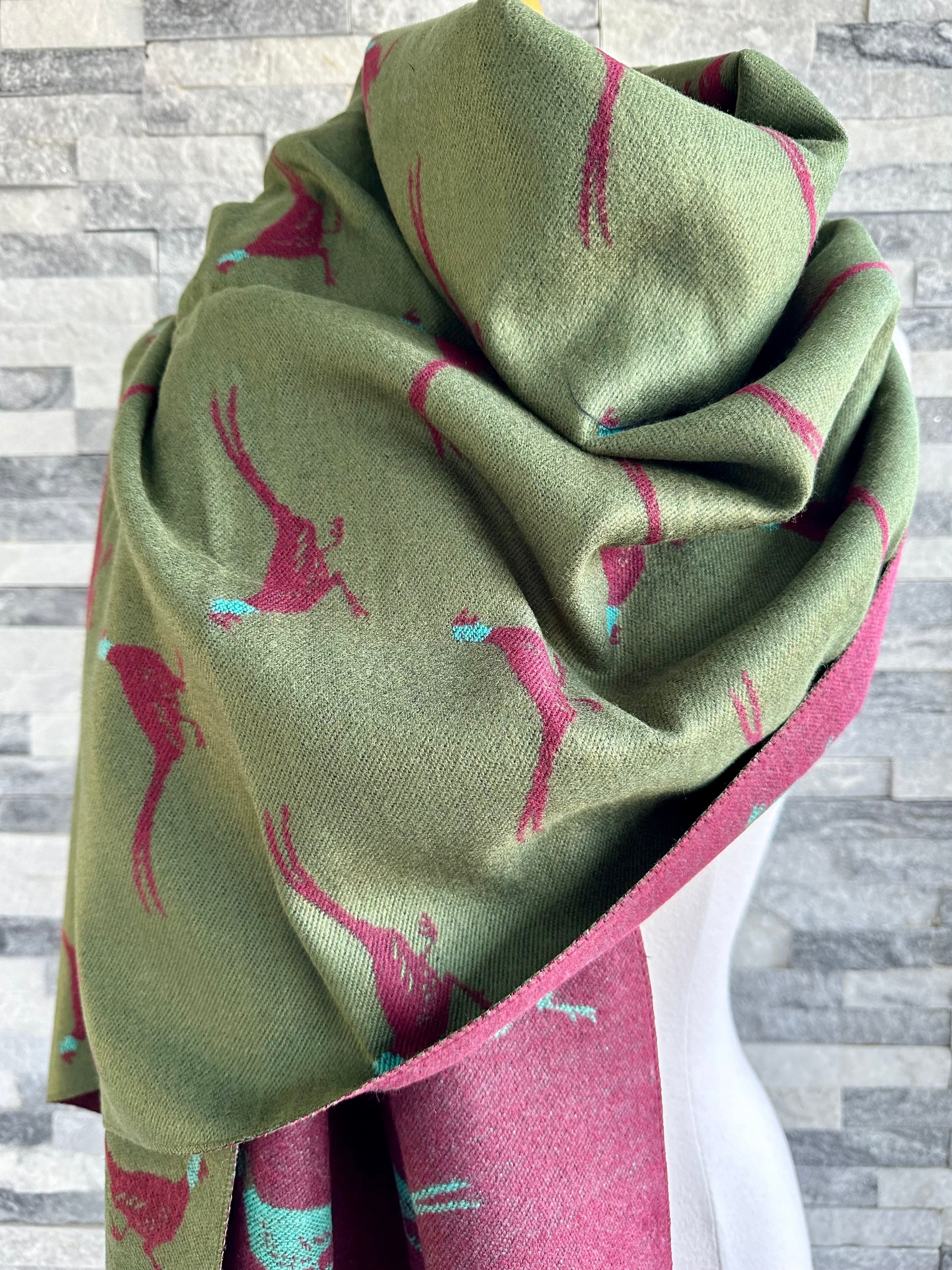 Green, Burgundy and Teal Reversible Scarf / Shawl With Pheasants Design - Image 3