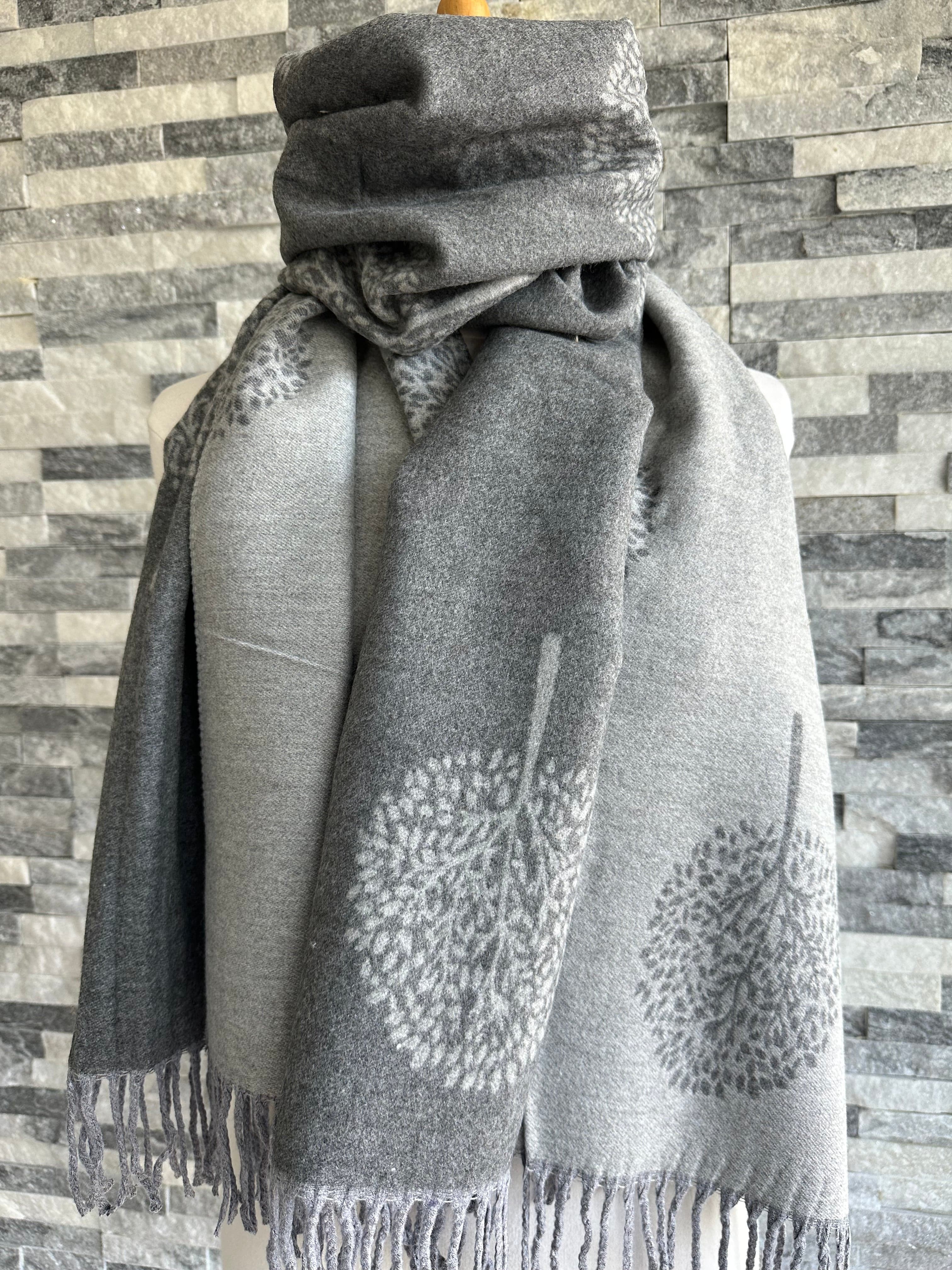 Grey and Light Grey Reversible Mulberry Tree Scarf , Wrap , Cashmere Blend - Image 3
