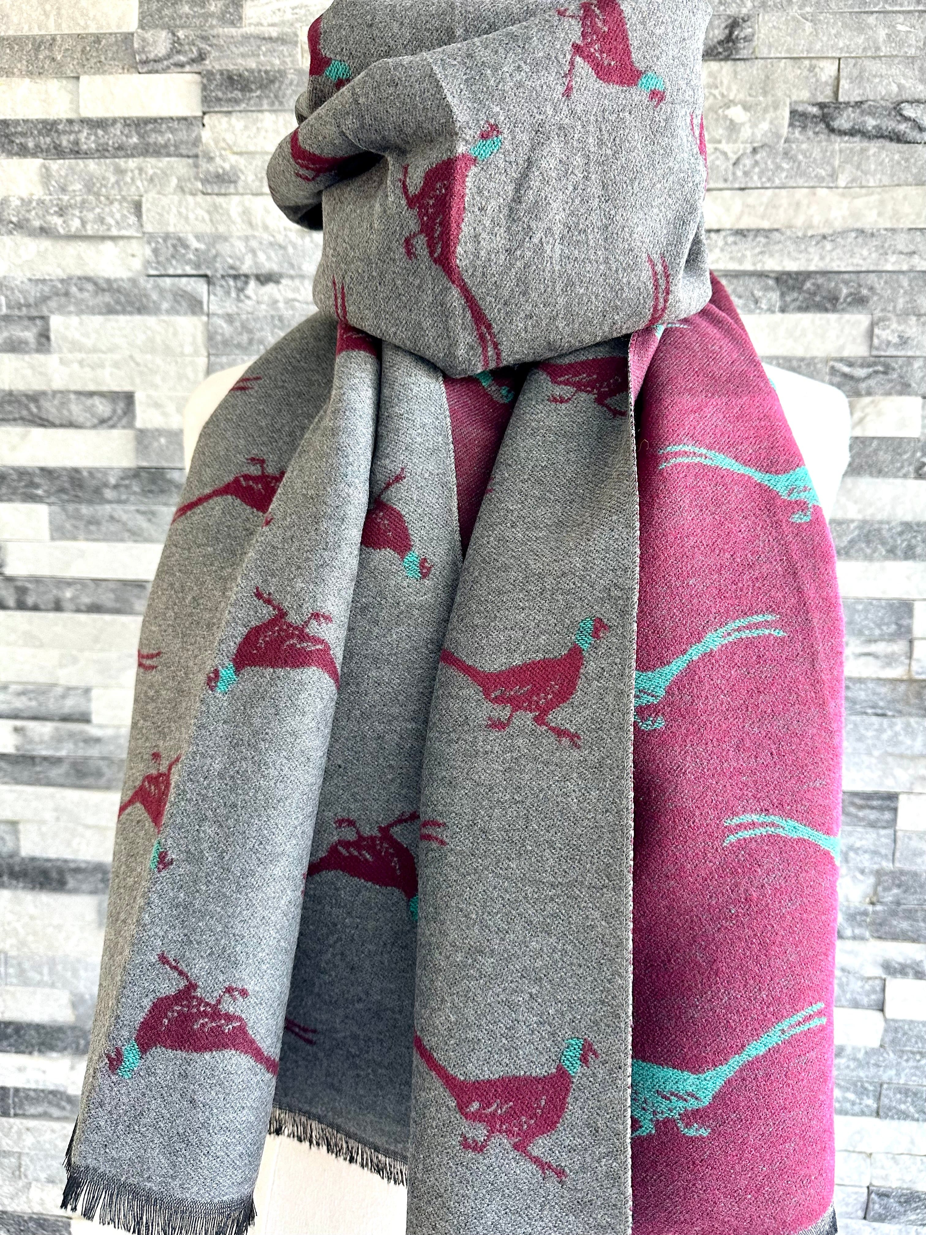 Grey , Burgundy and Teal Reversible Scarf / Shawl With Pheasants Design. - Image 3