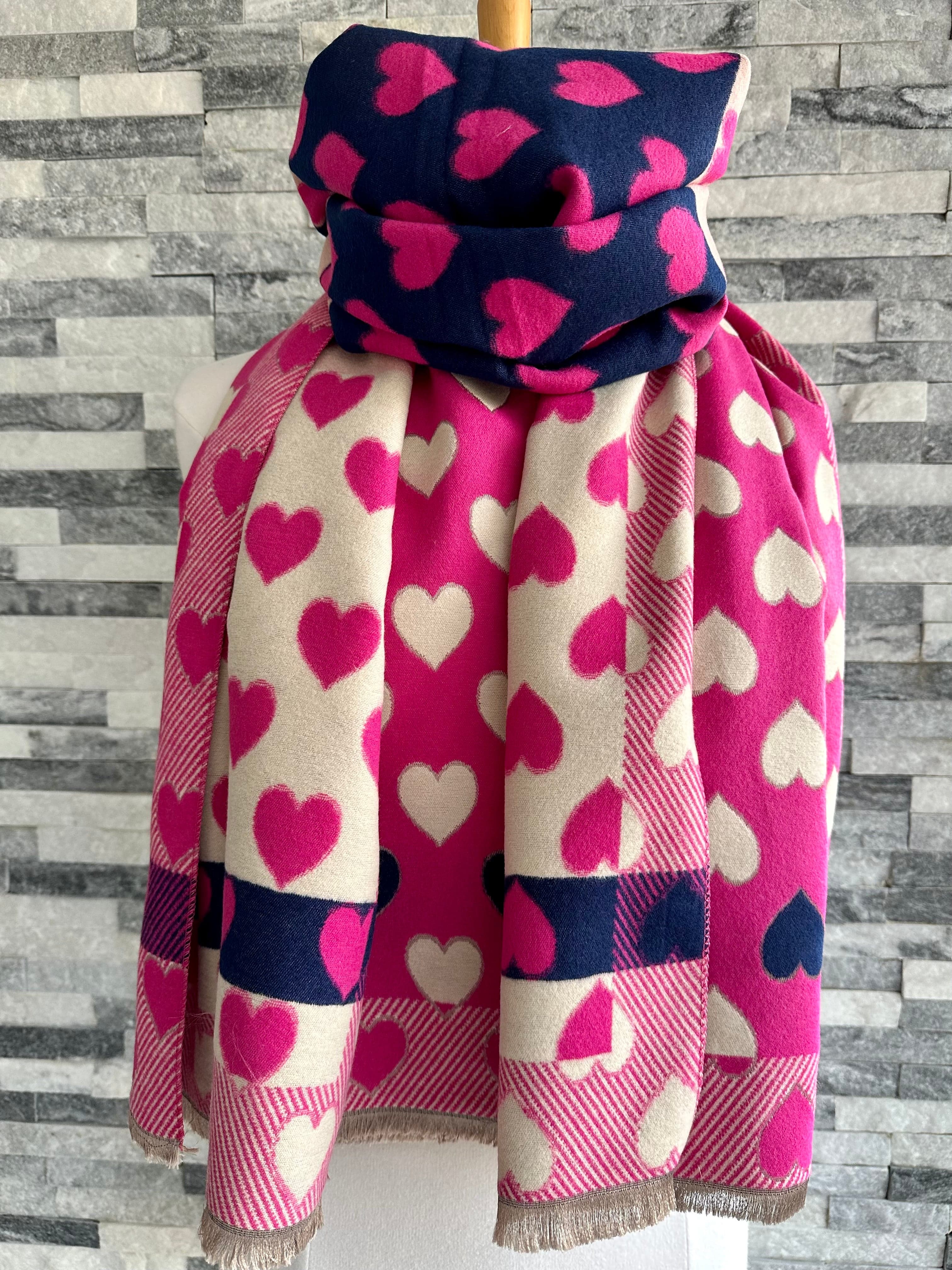 Hot Pink, Navy and Cream Hearts Design Scarf / Wrap - Image 2