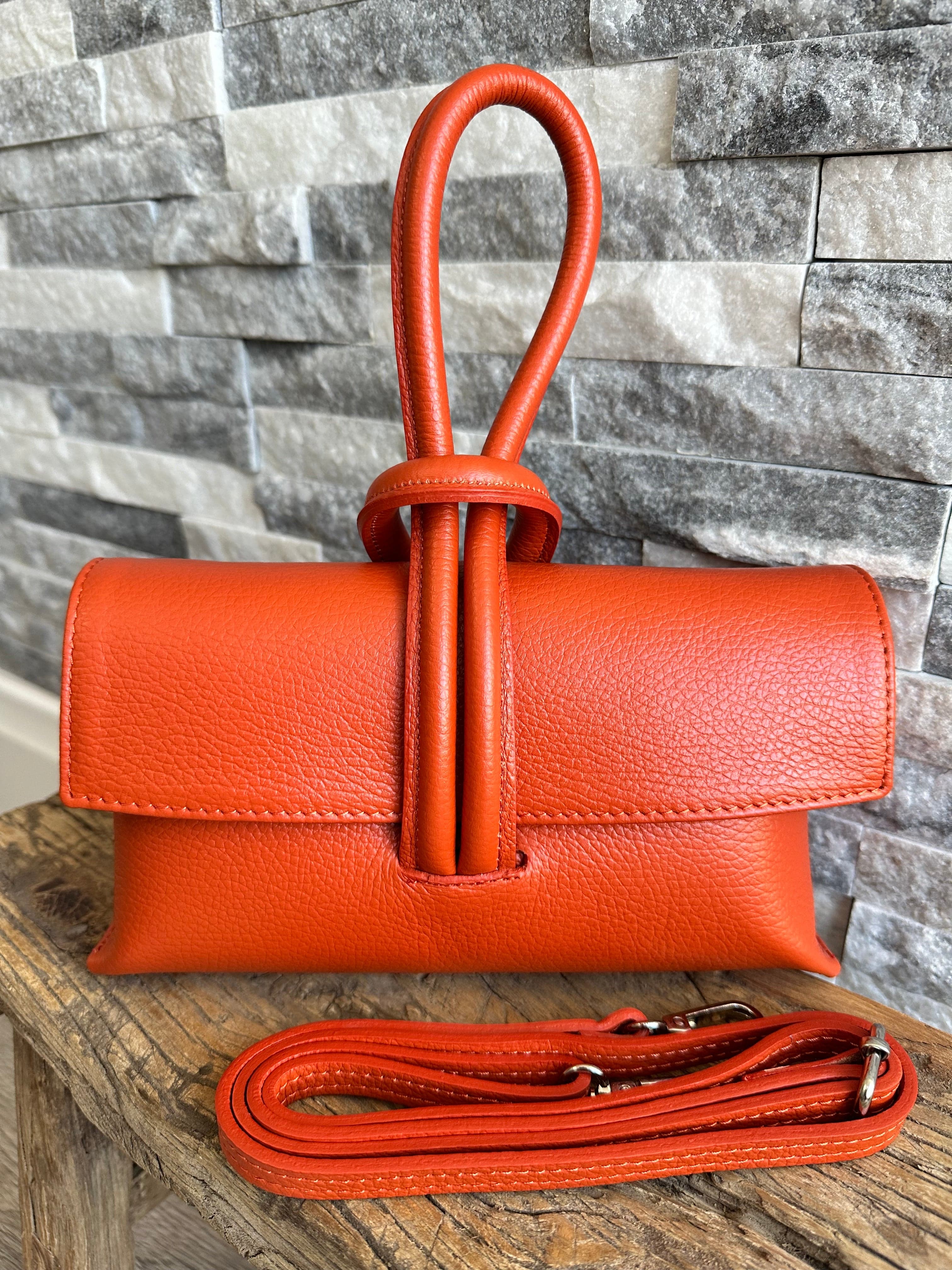 Orange Italian Leather Clutch Bag, Evening Bag with Loop Handle . - Image 4