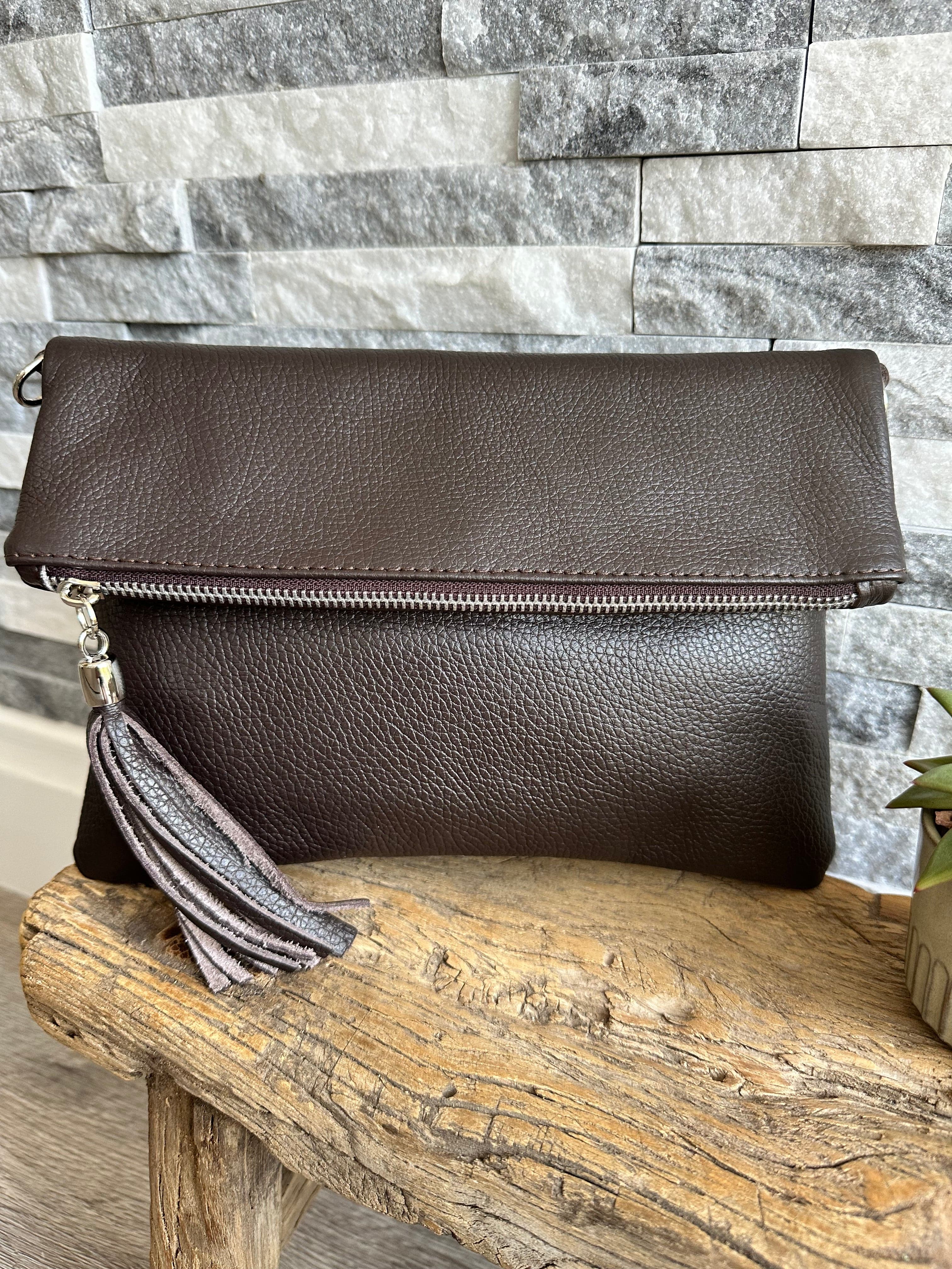 Italian Leather Fold Over Clutch Bag with Tassel, Available in 17 Colours . - Image 37