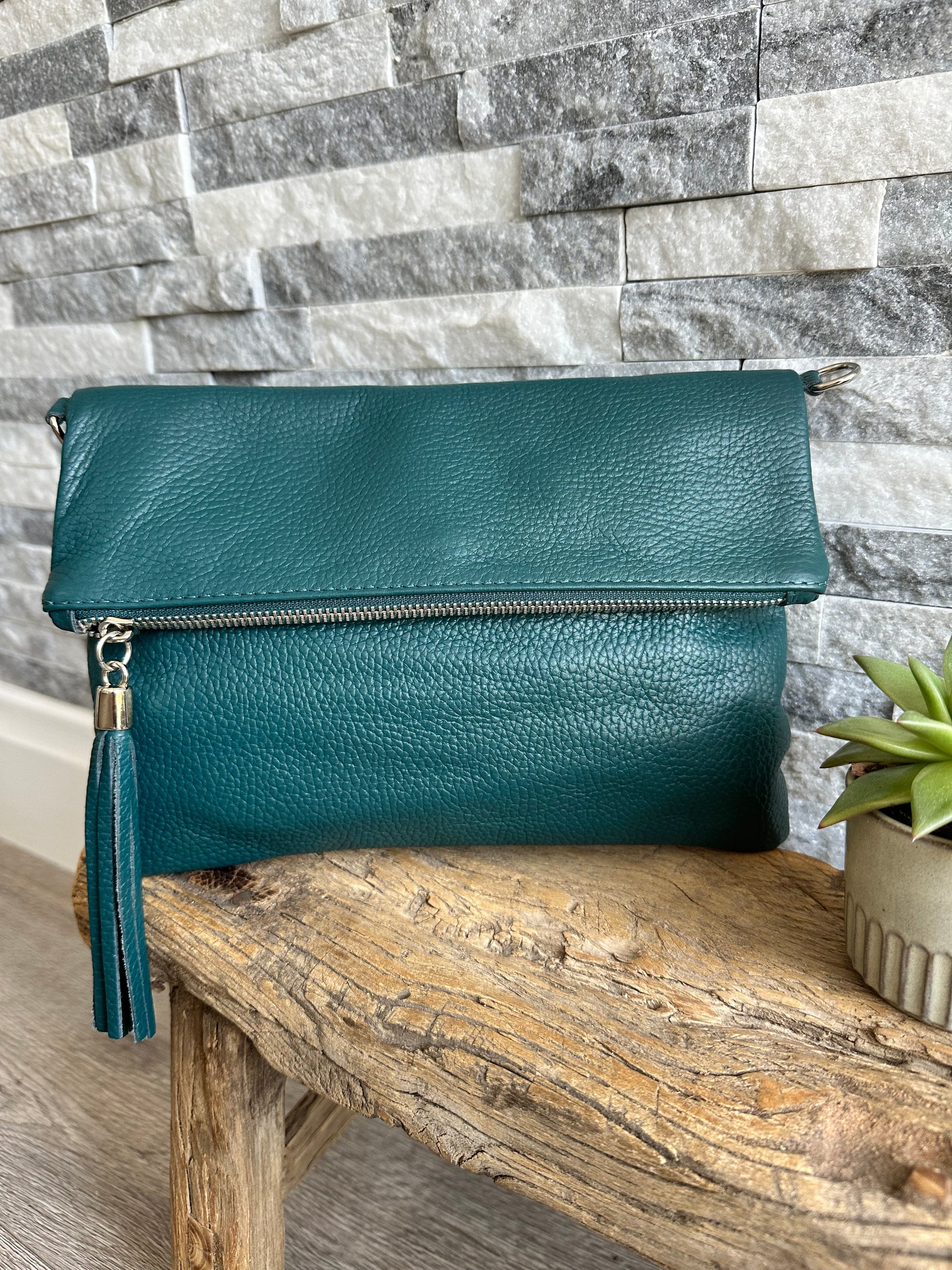 Italian Leather Fold Over Clutch Bag with Tassel, Available in 17 Colours . - Image 39