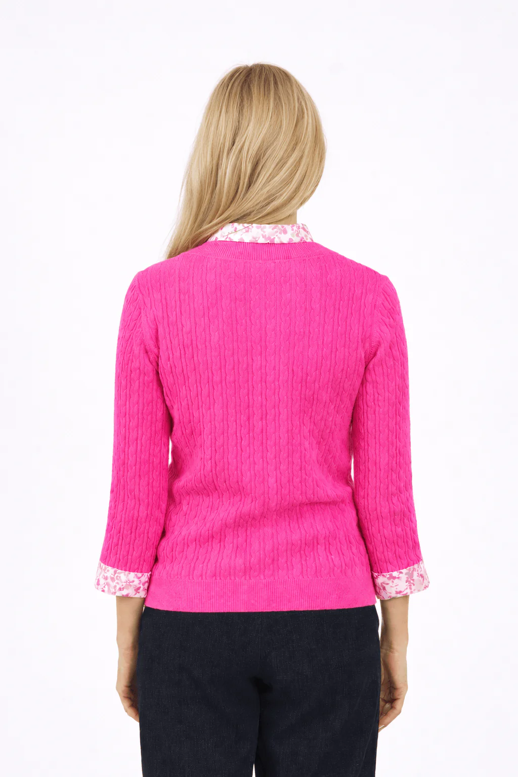 Jessica Graaf Bright Pink Cable Knit Jumper with Floral Collar - Image 2