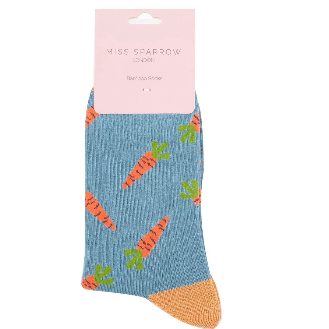 Ladies Bamboo Socks with Carrots Design, Miss Sparrow Denim. - Image 2