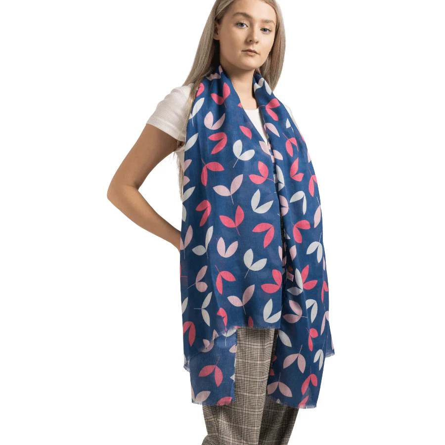 Miss Sparrow Ladies Blue Scarf with Pink and Grey Leaves - Image 2