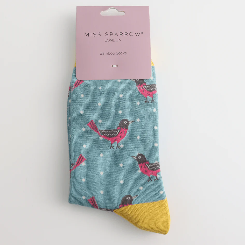 Ladies Miss Sparrow Bamboo Socks Blackbirds Design Duck Egg - Image 2