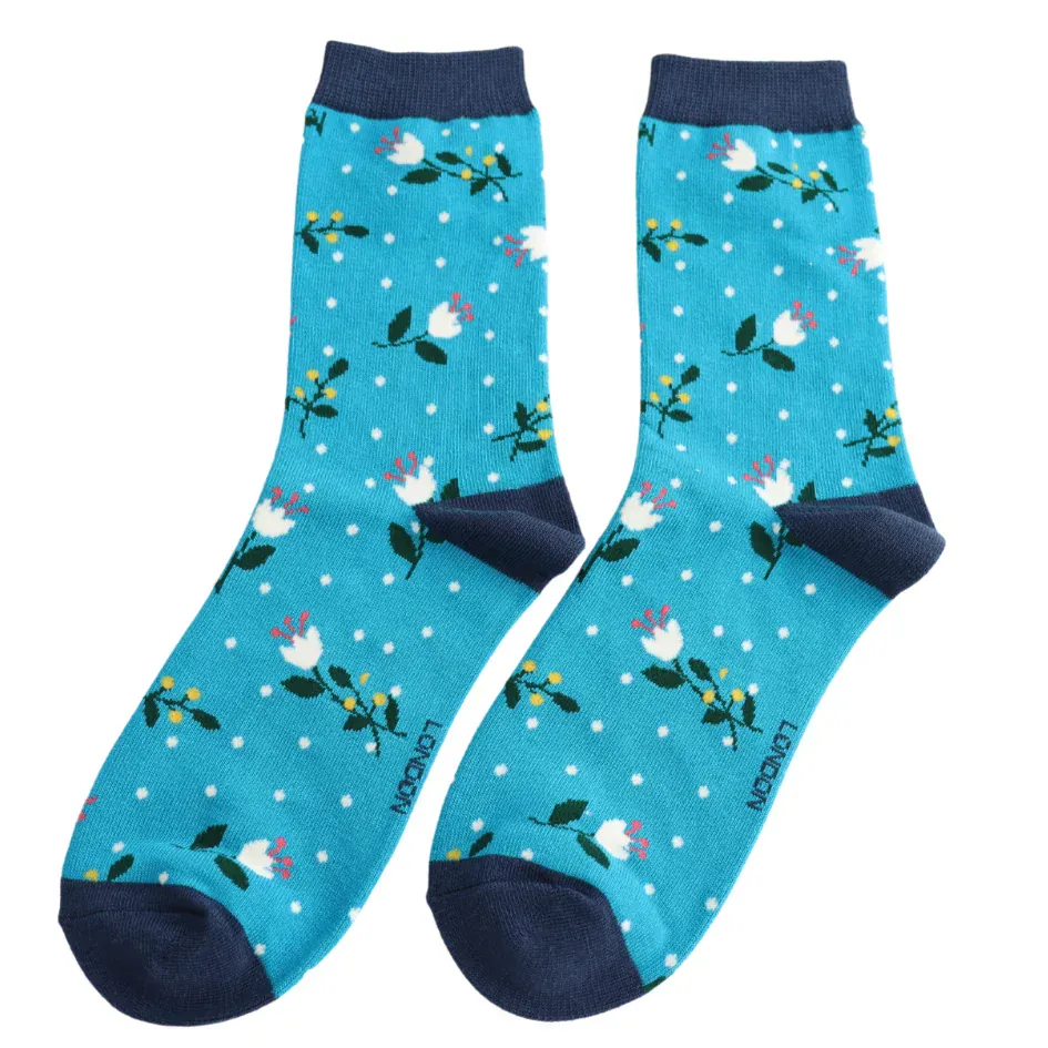 Ladies Miss Sparrow Bamboo Socks Buds & Berries Design Bright Blue