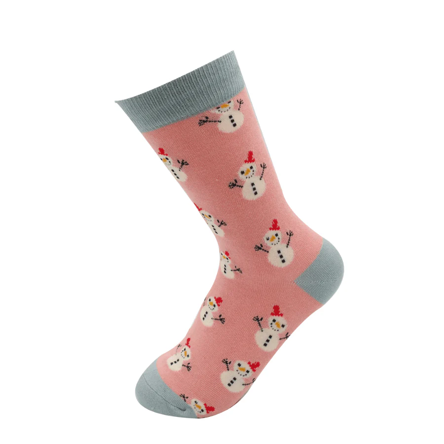 Ladies Miss Sparrow Bamboo Socks- Christmas Snowman-Pink - Image 2