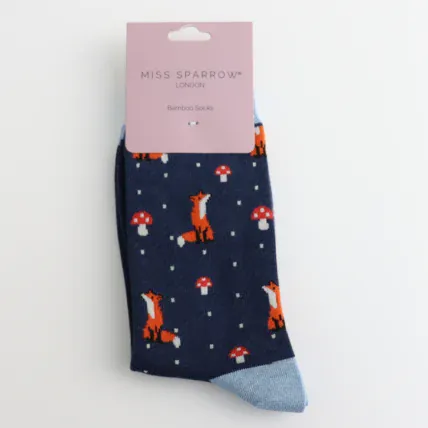Ladies Miss Sparrow Bamboo Socks Fox & Toadstool Design Navy - Image 2