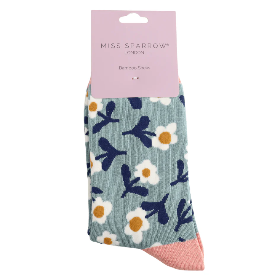 Ladies Miss Sparrow Bamboo Socks Lazy Daisy Design Duck Egg - Image 2