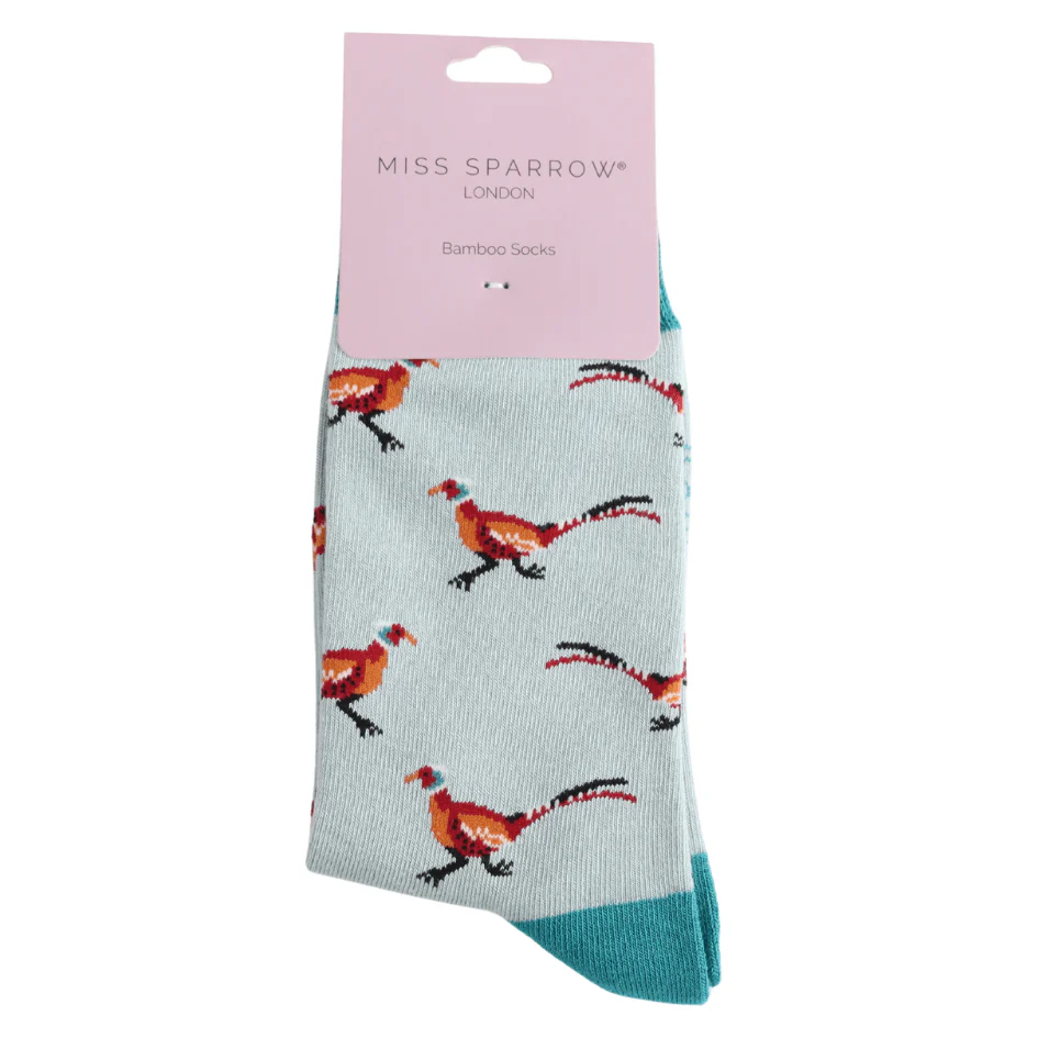 Ladies Miss Sparrow Bamboo Socks Pheasants Design Duck Egg - Image 2