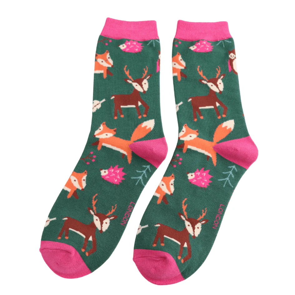 Ladies Miss Sparrow Bamboo Socks Woodland Animals Design Dark Green