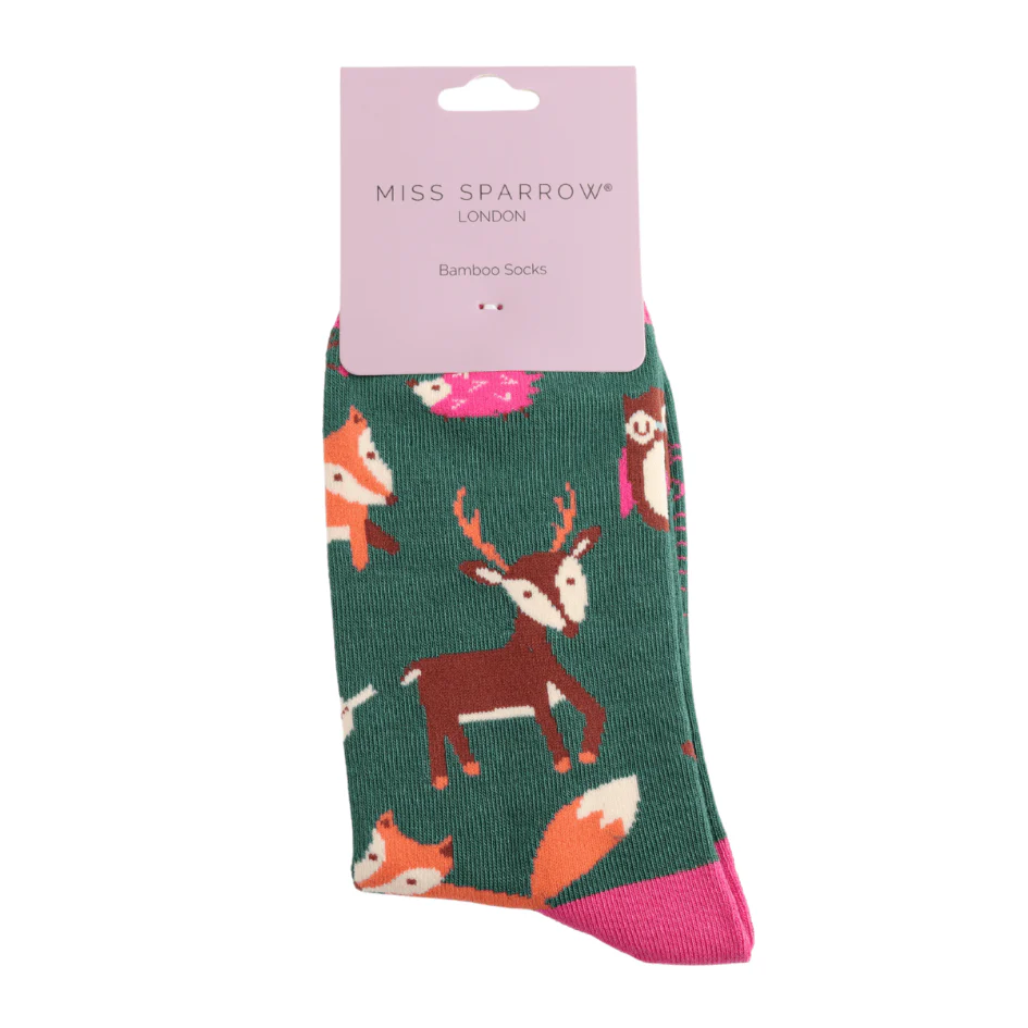 Ladies Miss Sparrow Bamboo Socks Woodland Animals Design Dark Green - Image 2