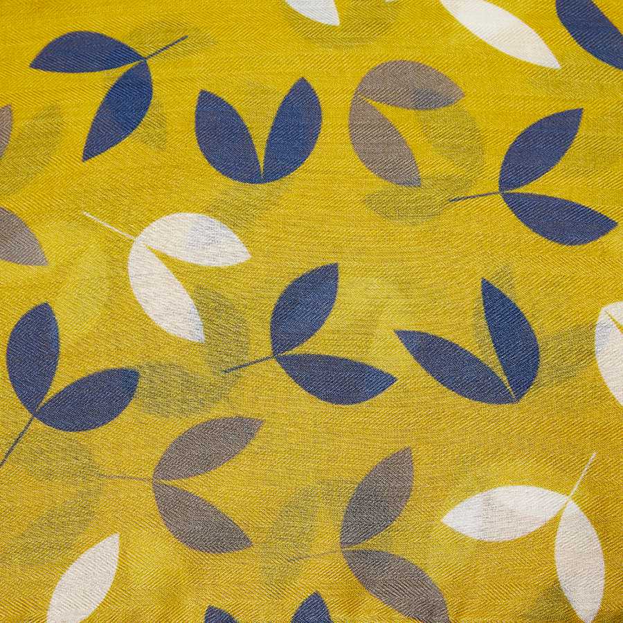 Miss Sparrow Ladies Mustard Yellow Scarf with Blue and White Leaves - Image 4