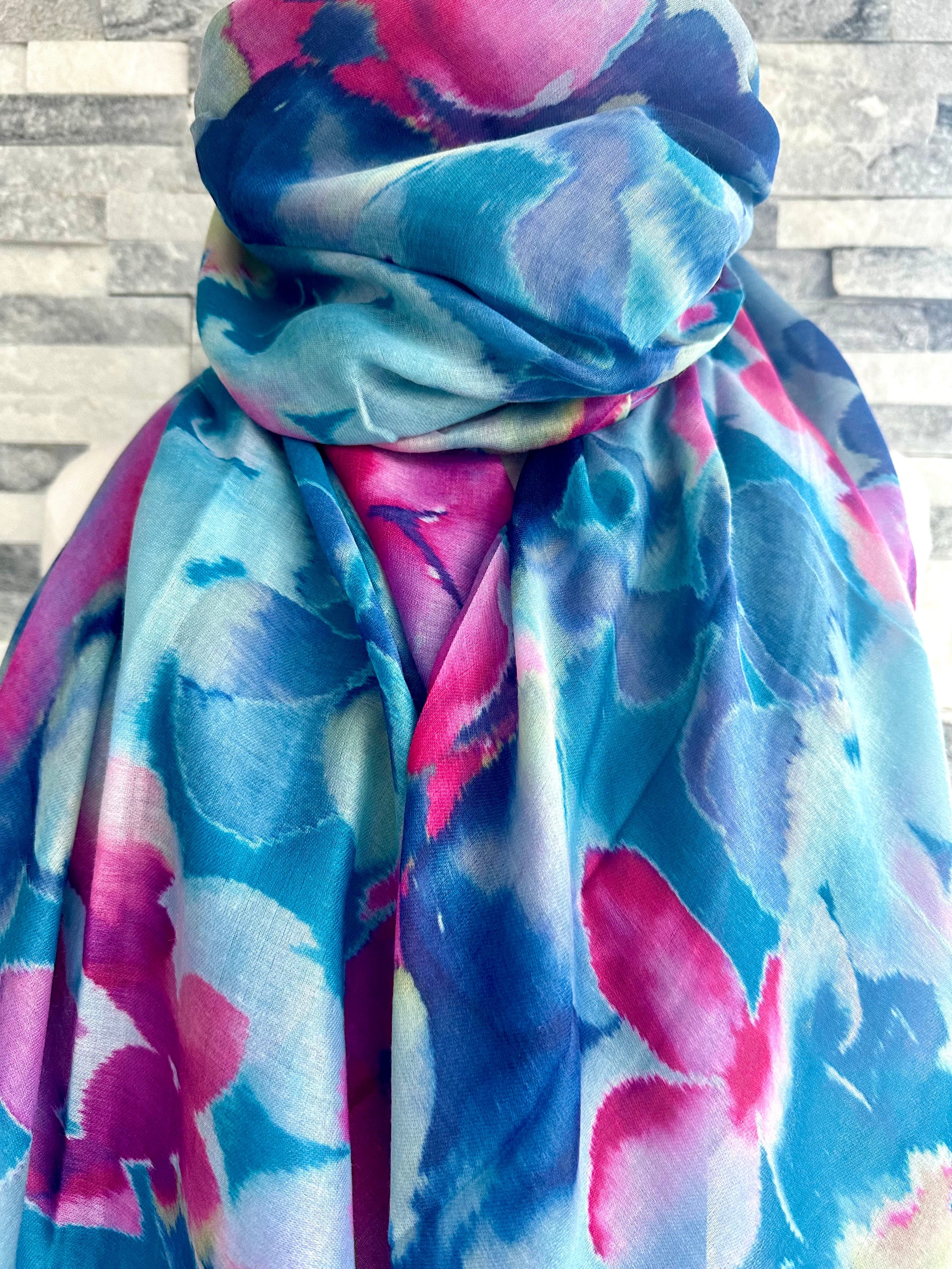 Ladies Water coloured Floral Shapes Scarf, Turquoise Blue and Hot Pink.